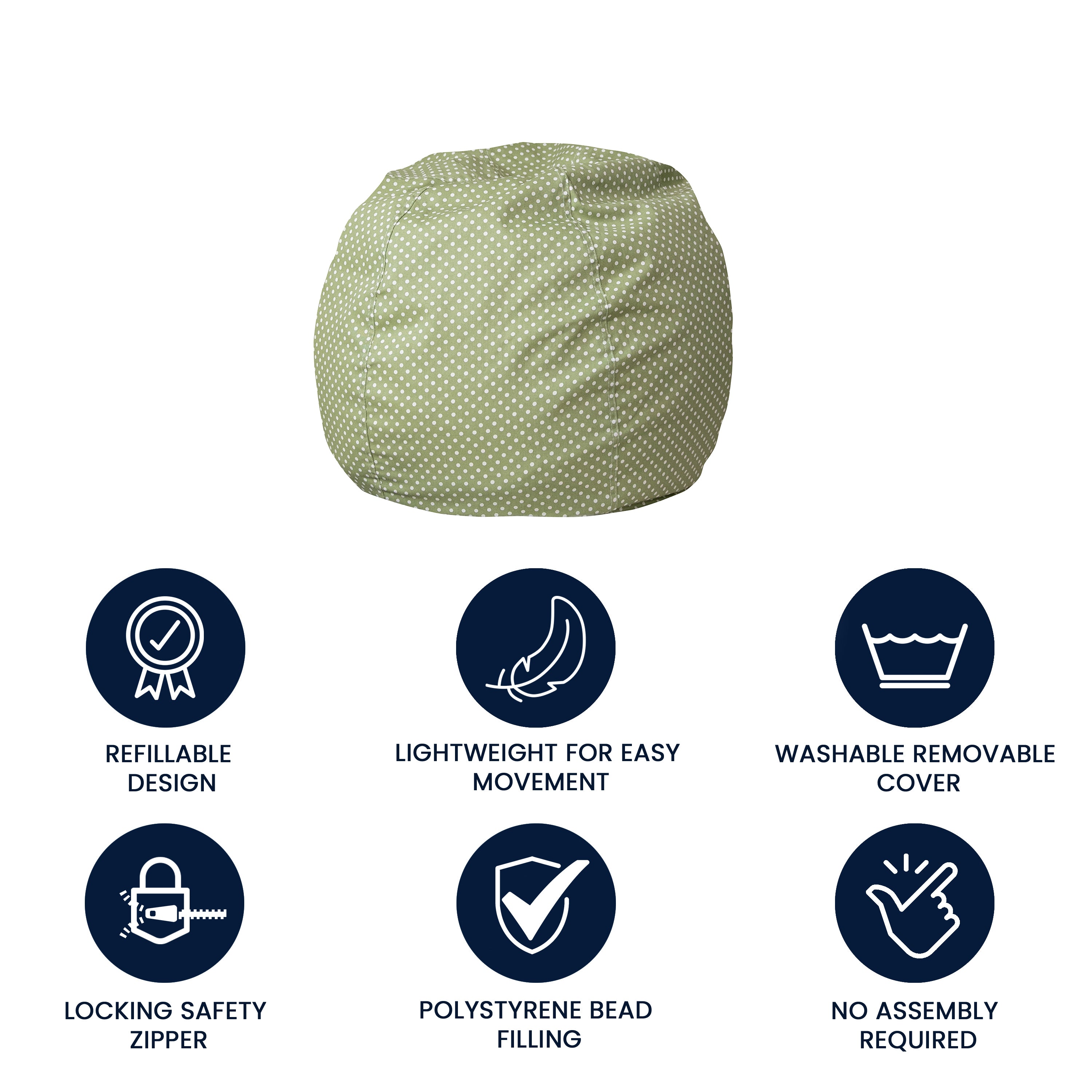 Dillon Small Green Dot Refillable Bean Bag Chair for Kids and Teens