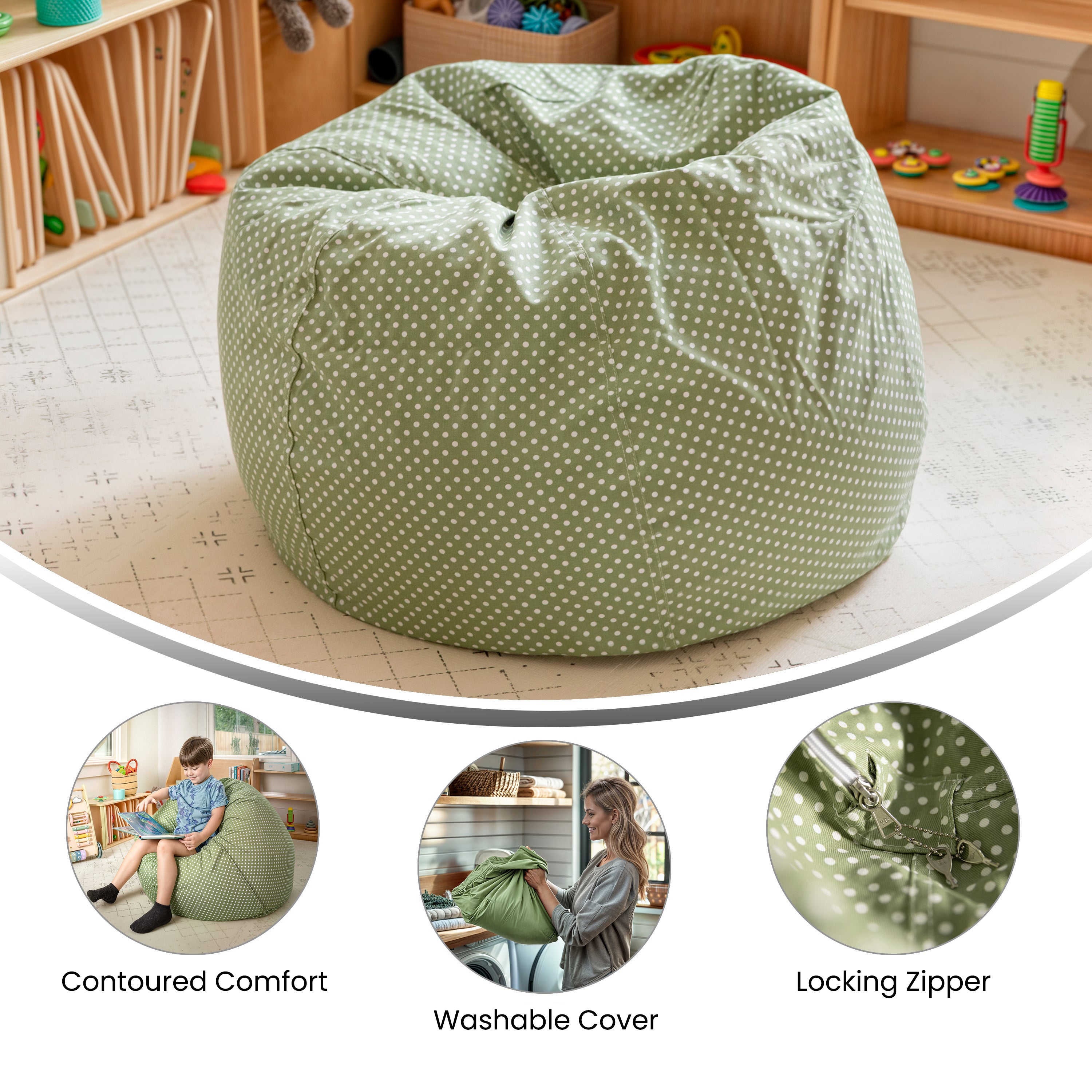 Dillon Small Green Dot Refillable Bean Bag Chair for Kids and Teens
