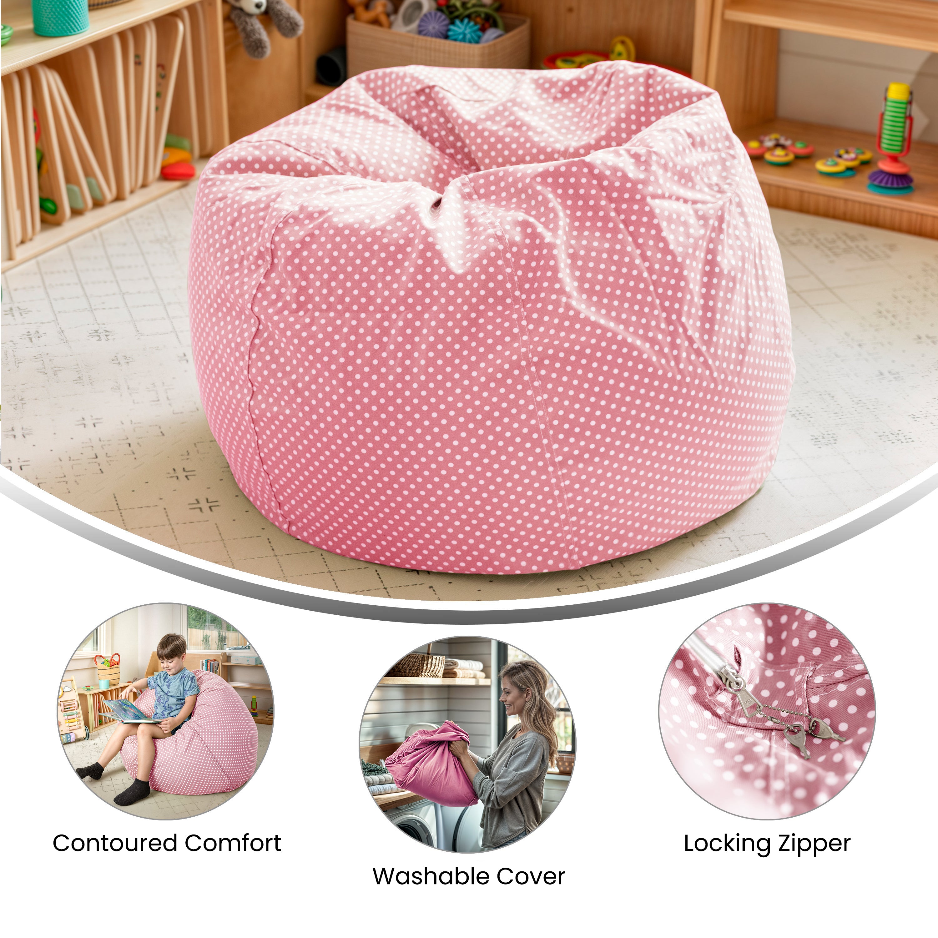 Dillon Small Light Pink Dot Refillable Bean Bag Chair for Kids and Teens