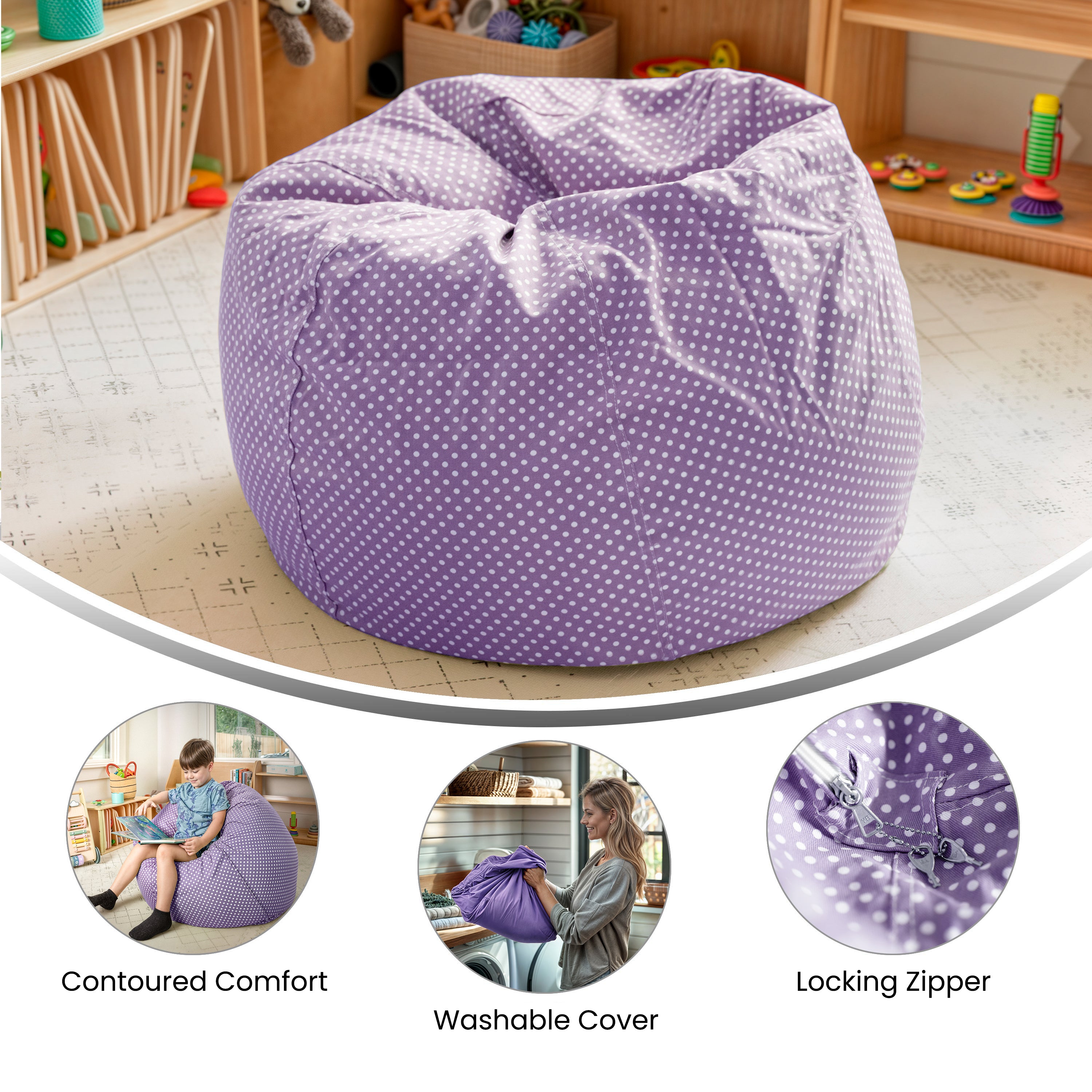 Dillon Small Lavender Dot Refillable Bean Bag Chair for Kids and Teens