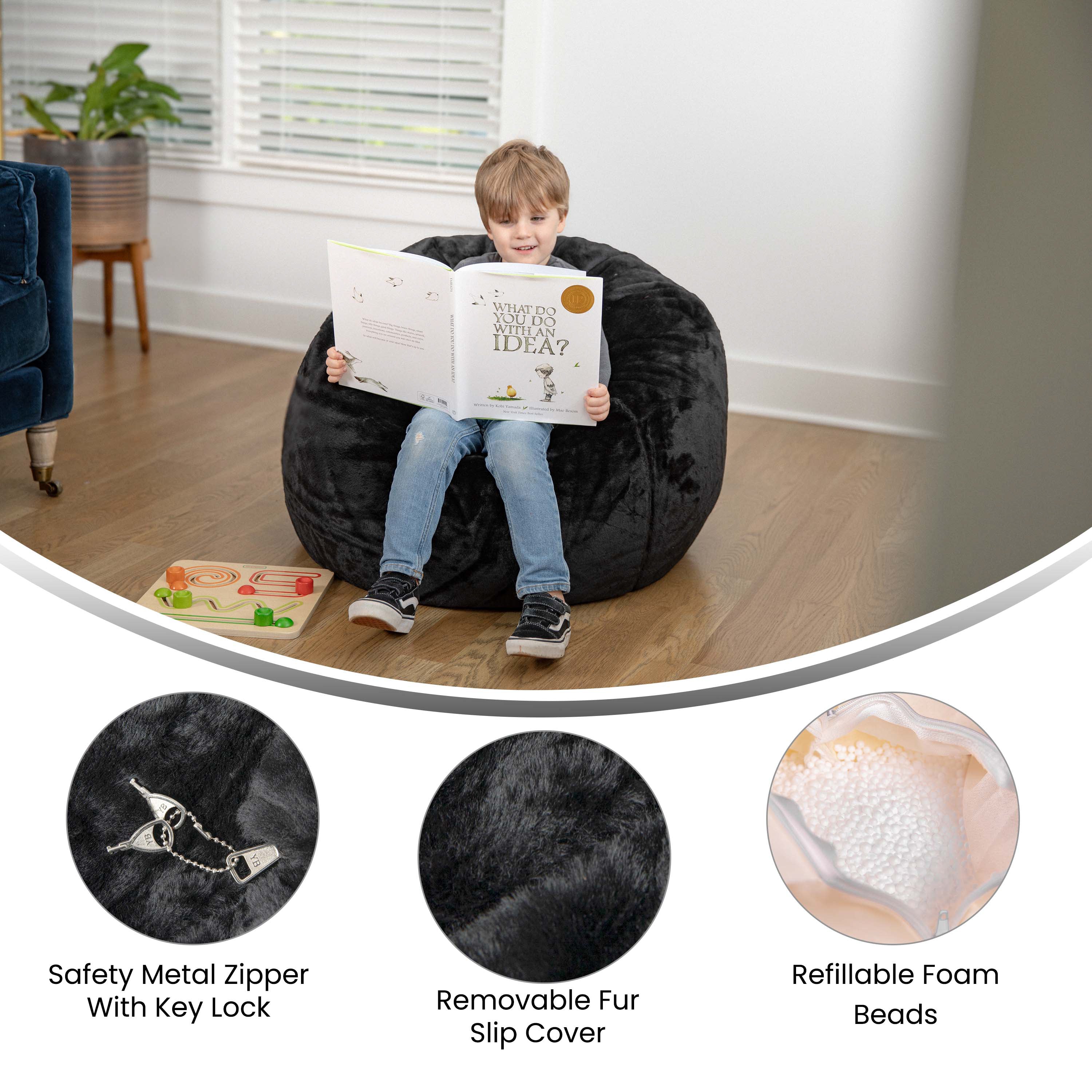 Dillon Small Black Furry Refillable Bean Bag Chair for Kids and Teens
