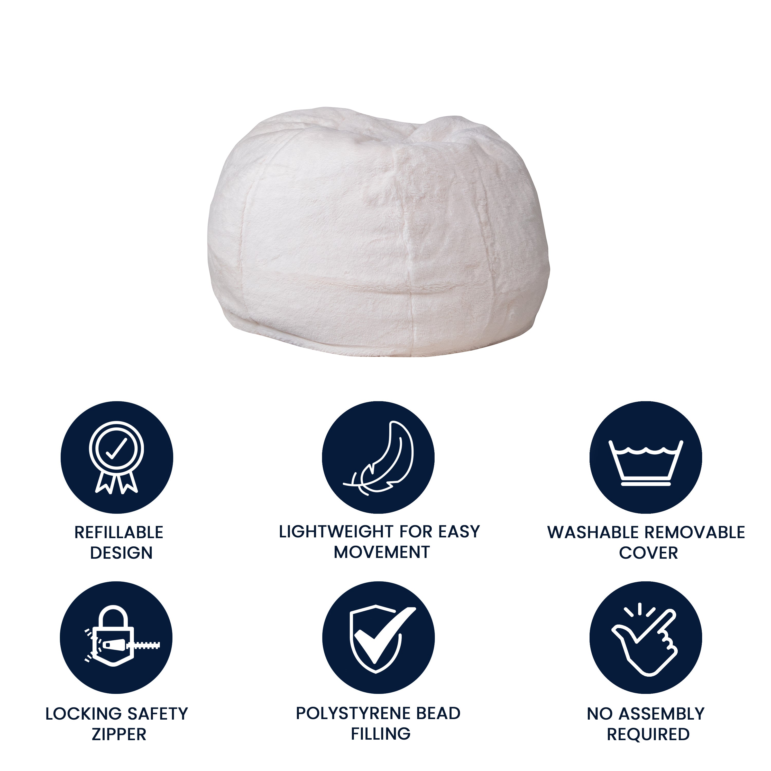 Dillon Small White Furry Refillable Bean Bag Chair for Kids and Teens