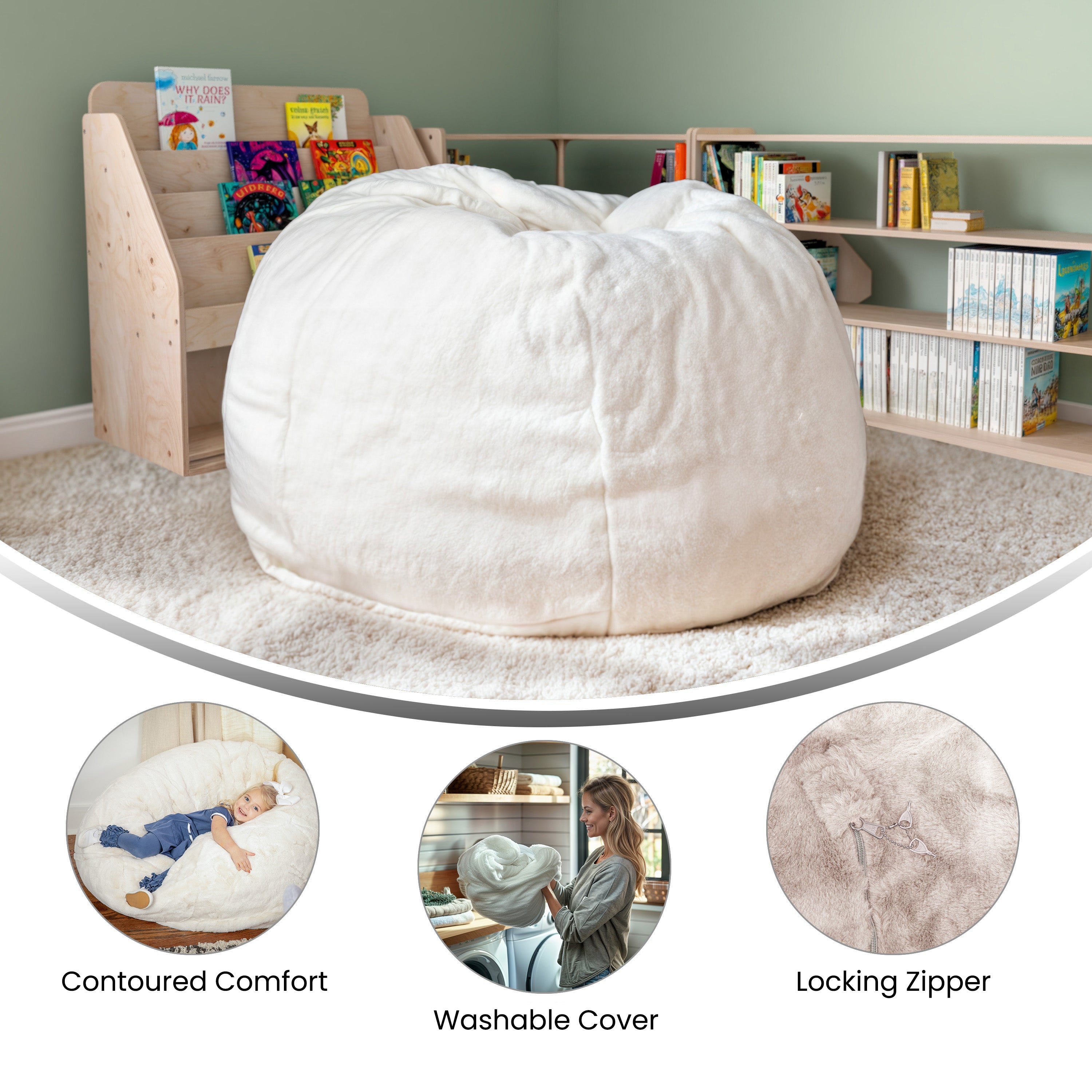 Dillon Small White Furry Refillable Bean Bag Chair for Kids and Teens
