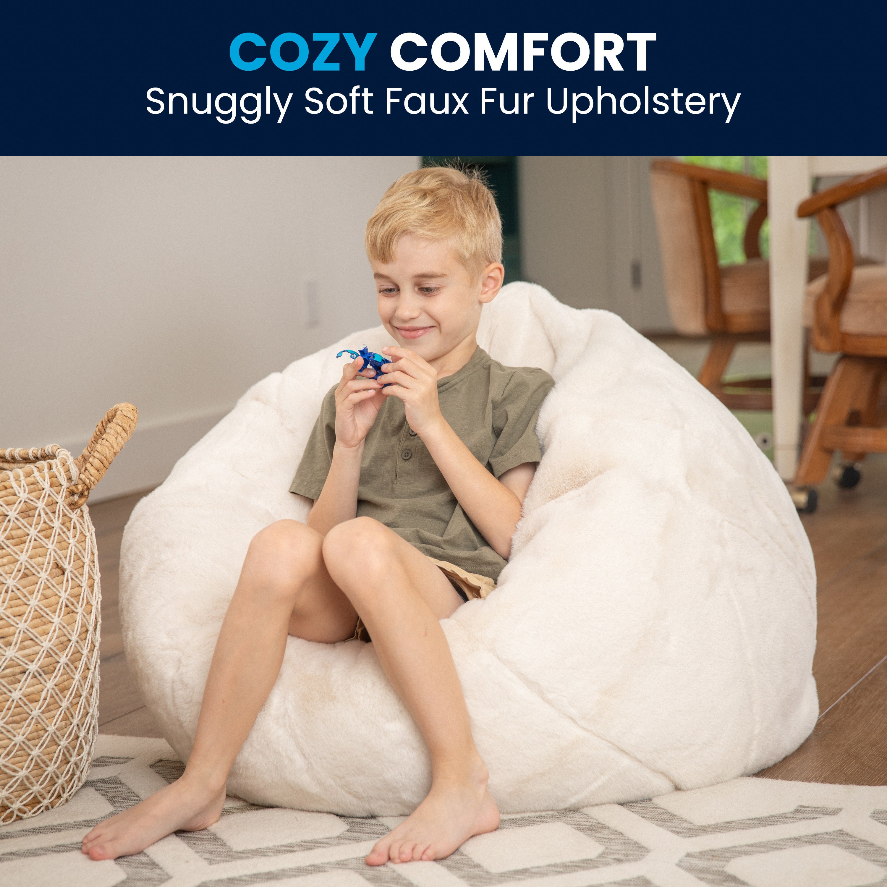 Dillon Small White Furry Refillable Bean Bag Chair for Kids and Teens