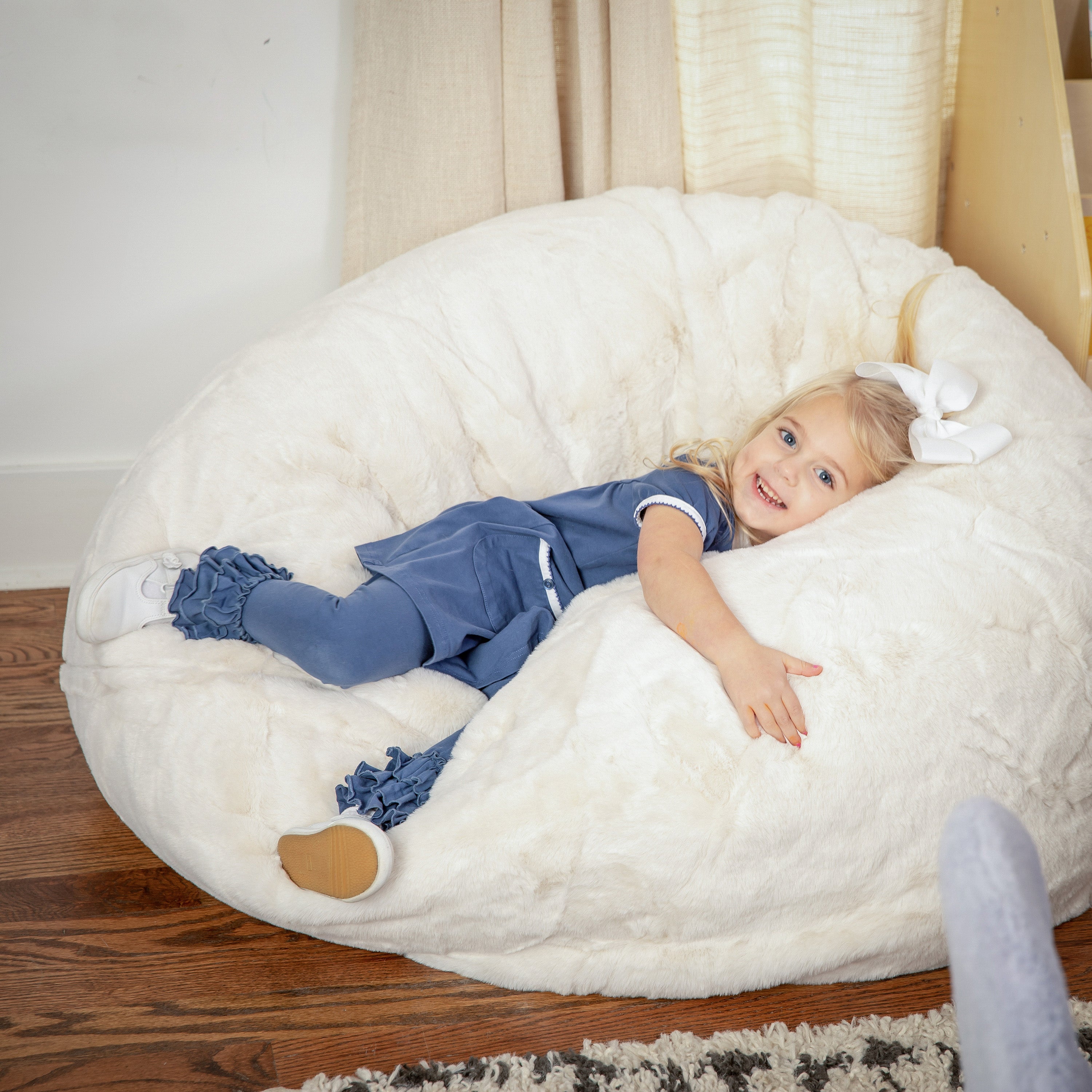 Dillon Small White Furry Refillable Bean Bag Chair for Kids and Teens