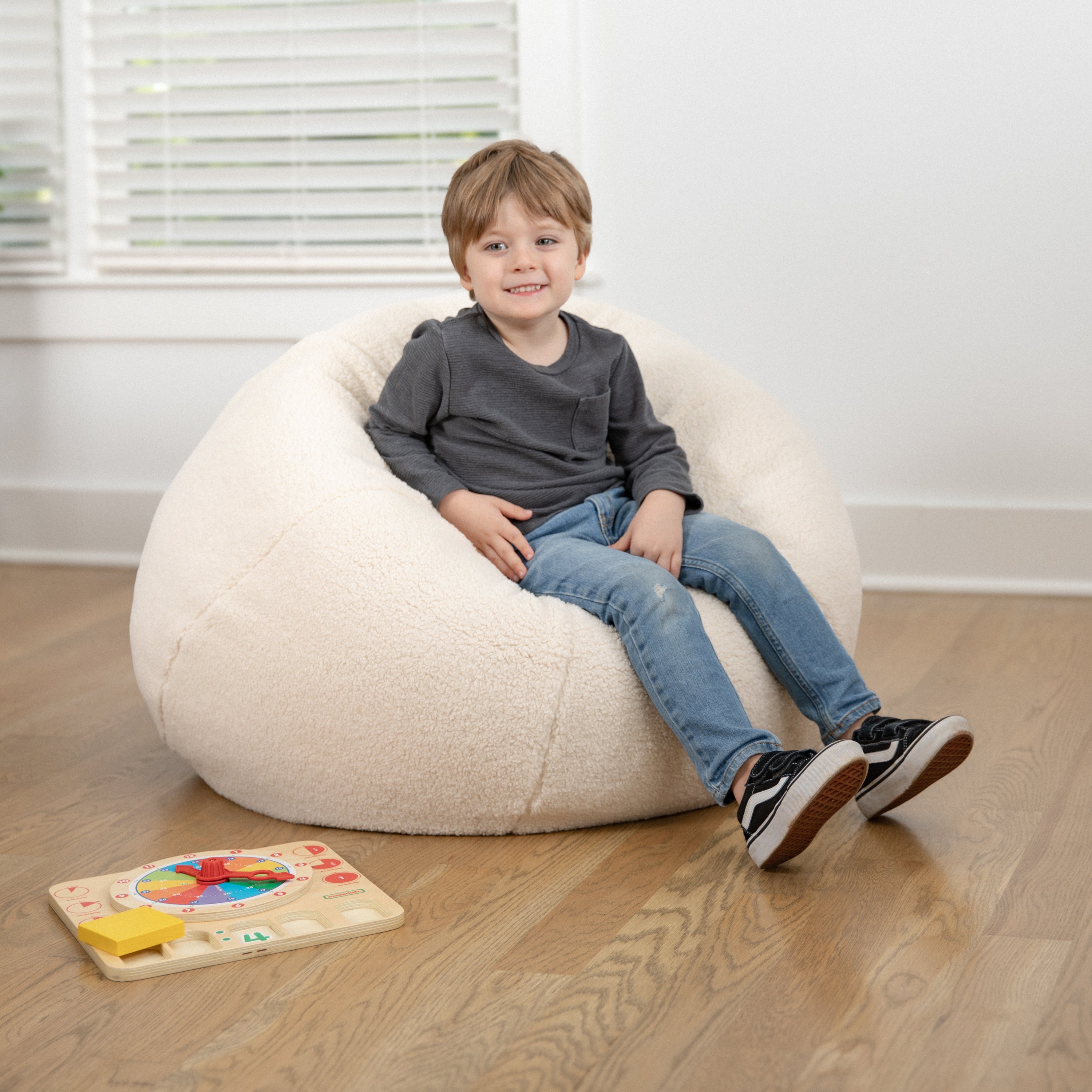 Dillon Small Natural Faux Sherpa Refillable Bean Bag Chair for Kids and Teens