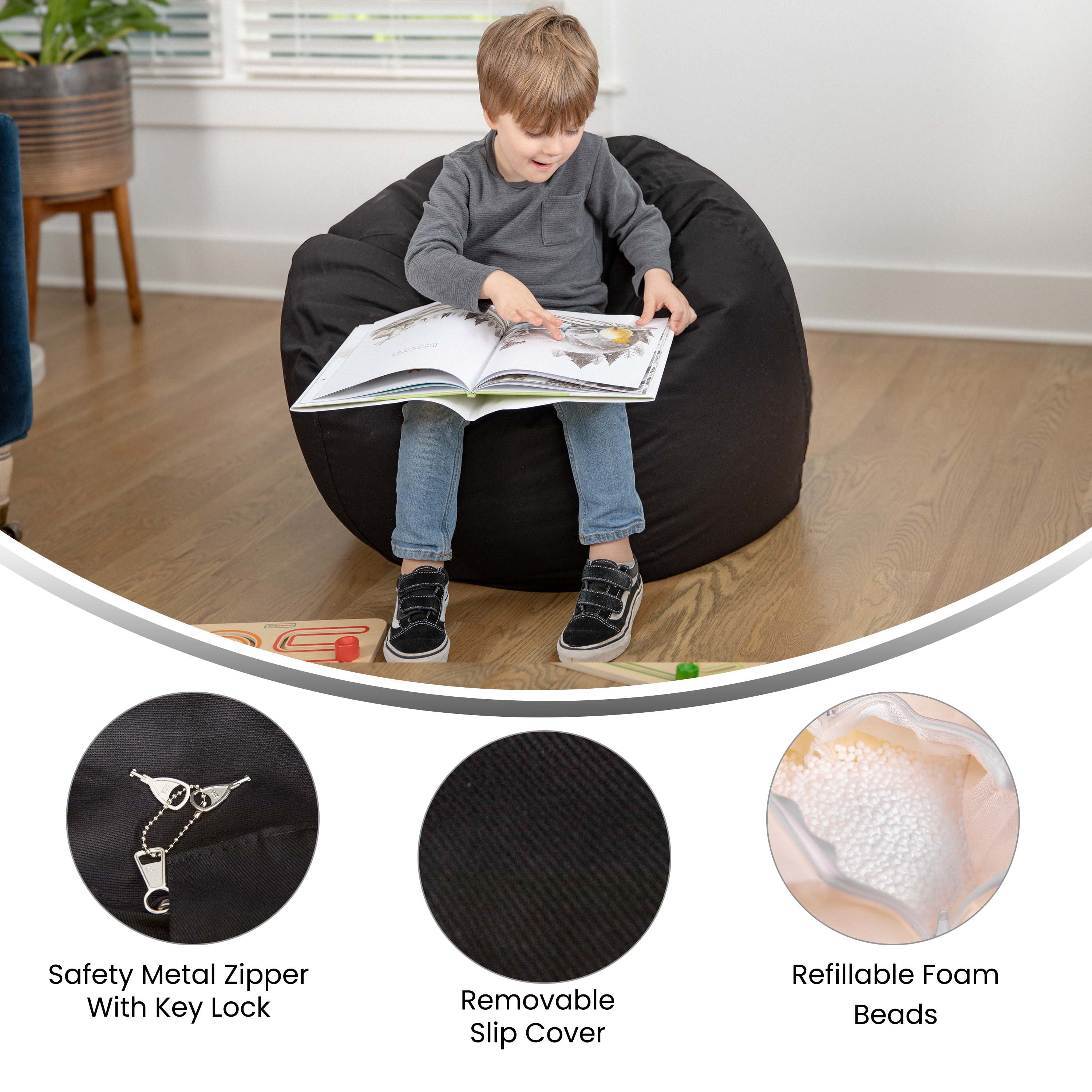 Dillon Small Solid Black Refillable Bean Bag Chair for Kids and Teens