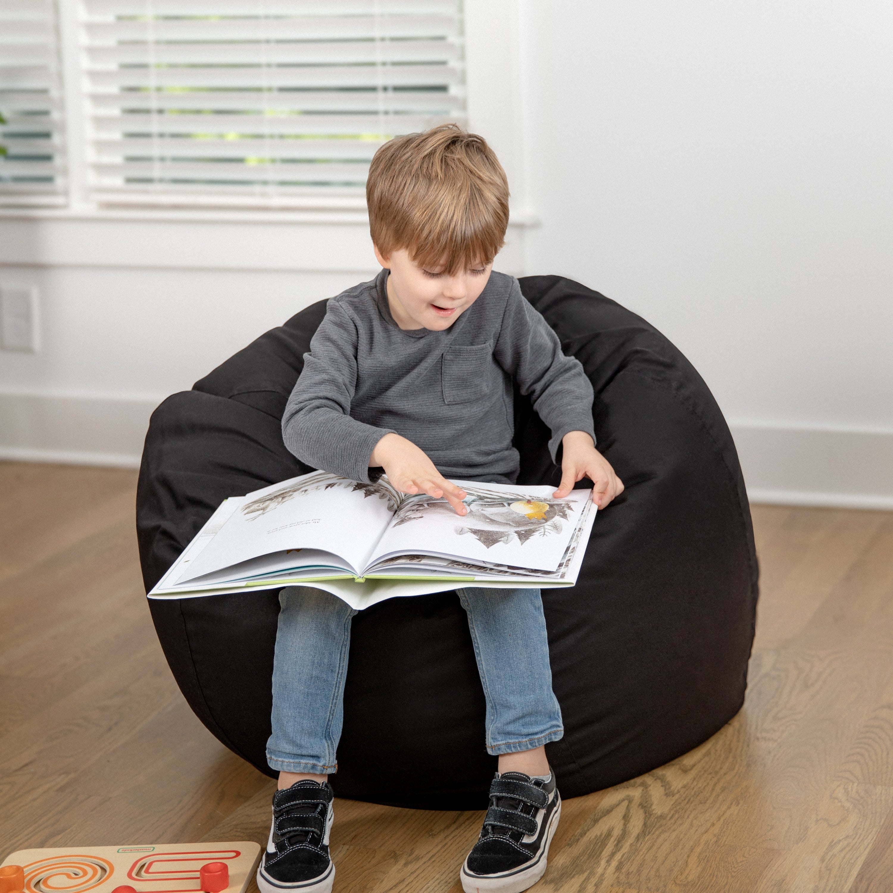 Dillon Small Solid Black Refillable Bean Bag Chair for Kids and Teens