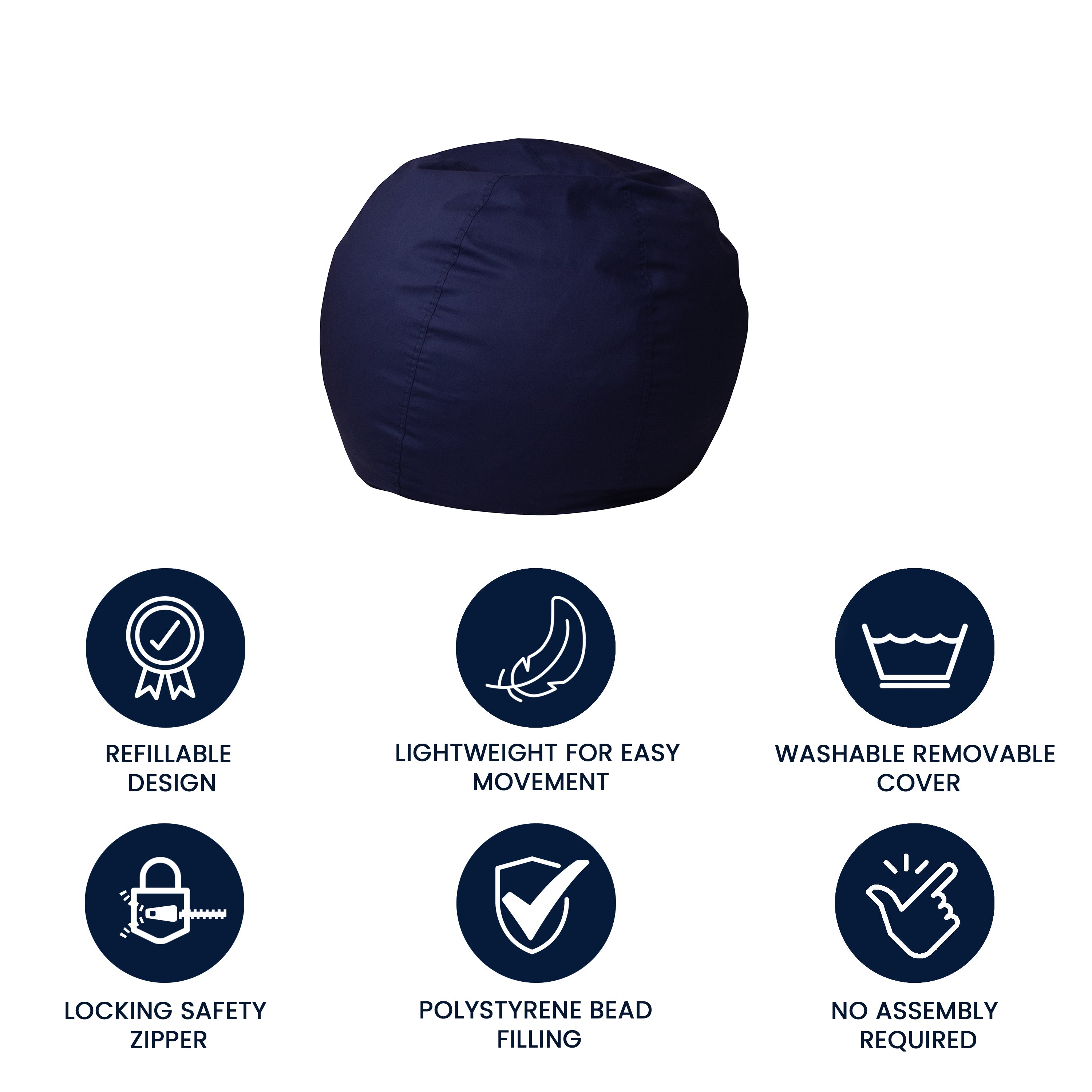 Dillon Small Solid Navy Blue Refillable Bean Bag Chair for Kids and Teens