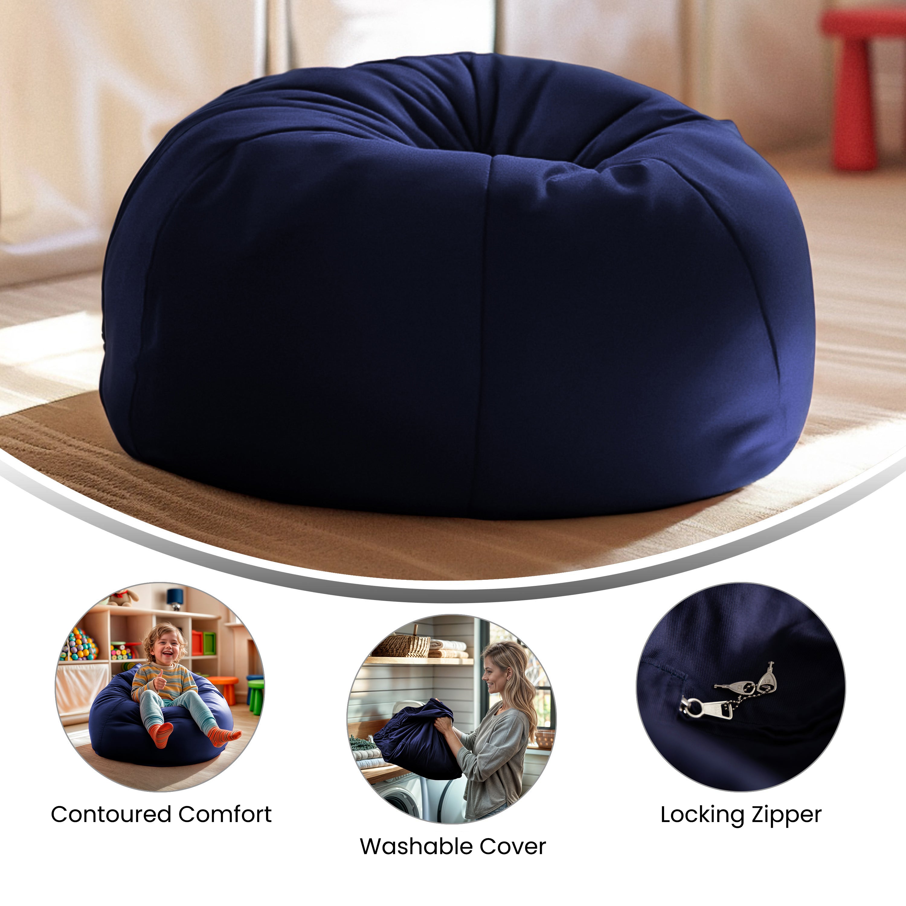 Dillon Small Solid Navy Blue Refillable Bean Bag Chair for Kids and Teens