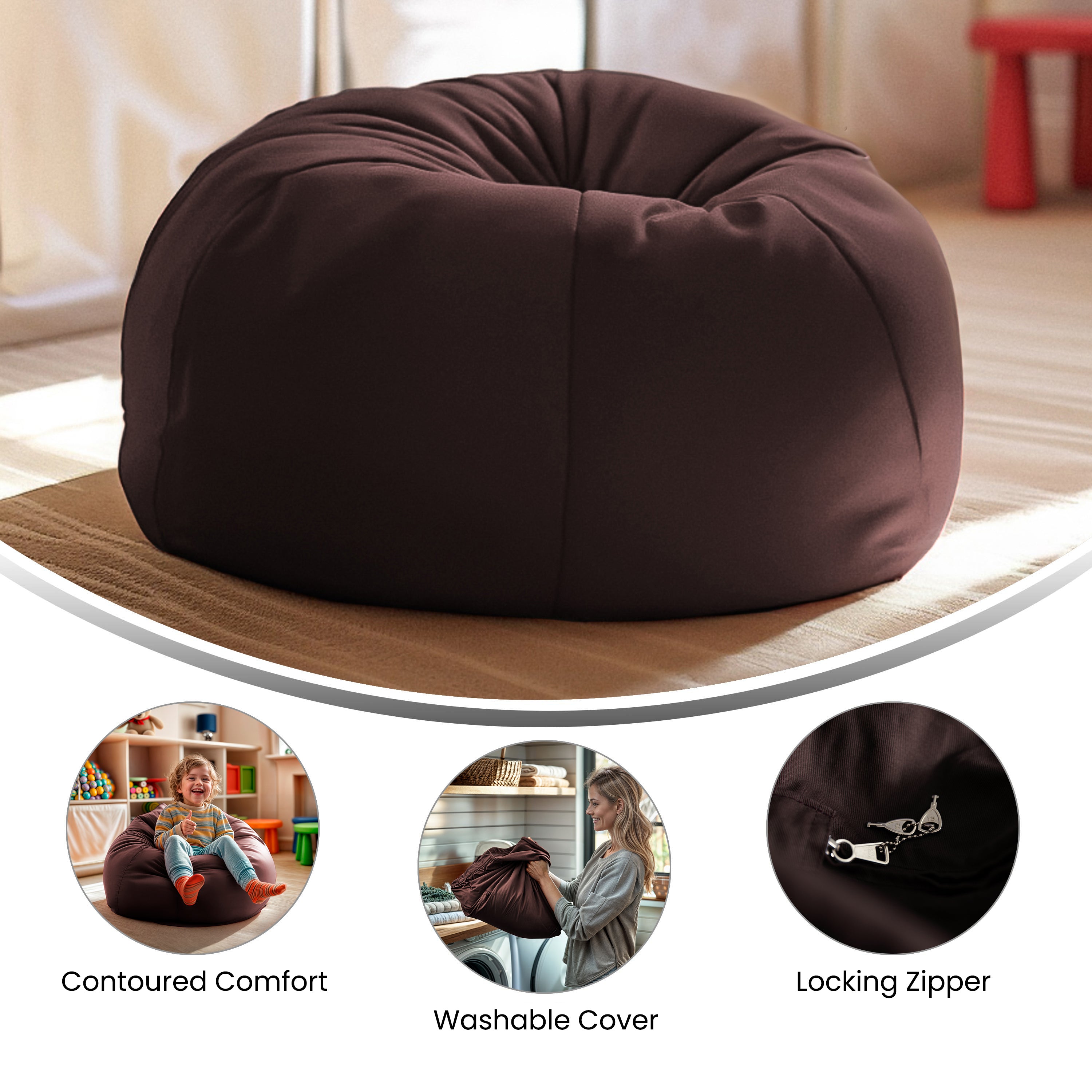 Dillon Small Solid Brown Refillable Bean Bag Chair for Kids and Teens