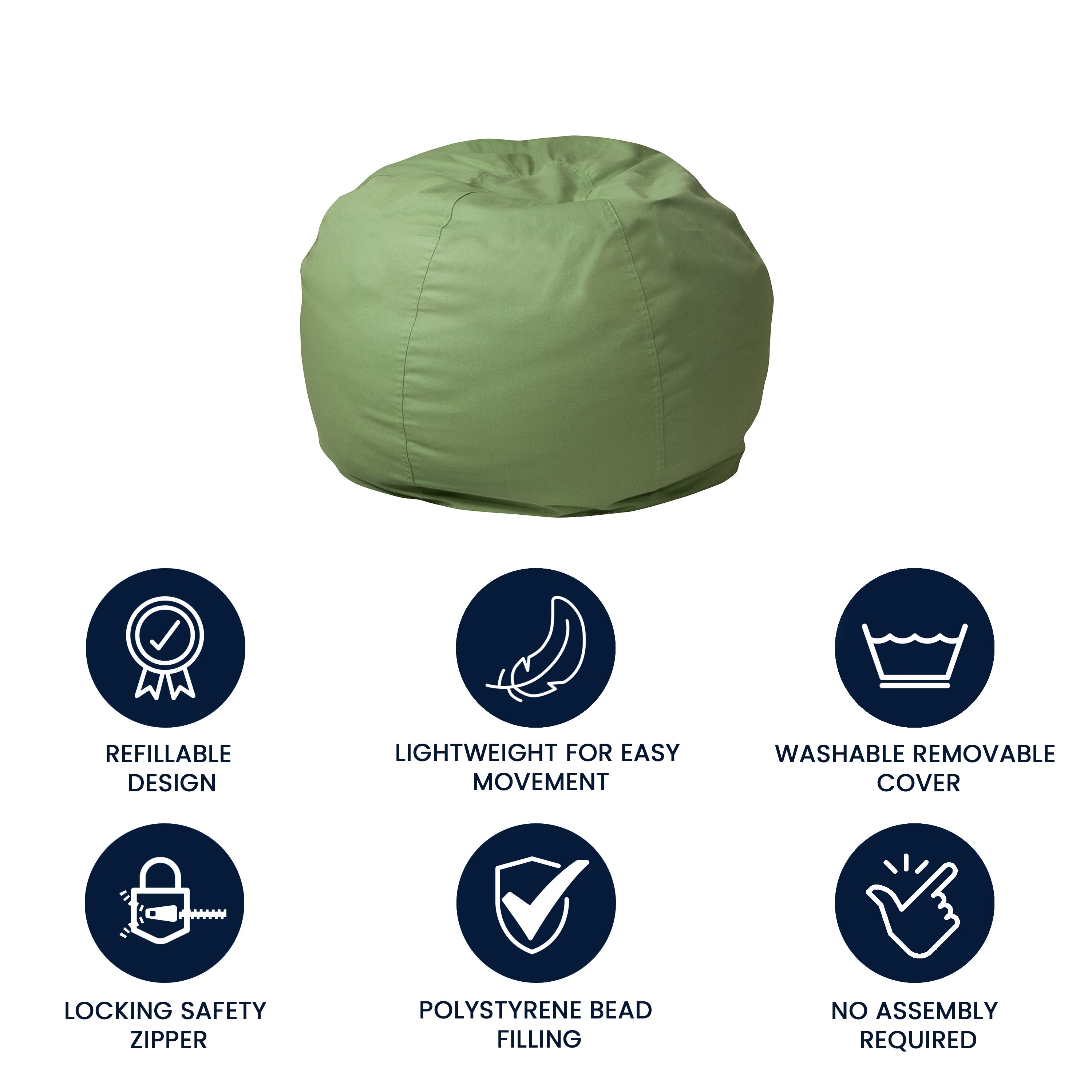 Dillon Small Solid Green Refillable Bean Bag Chair for Kids and Teens