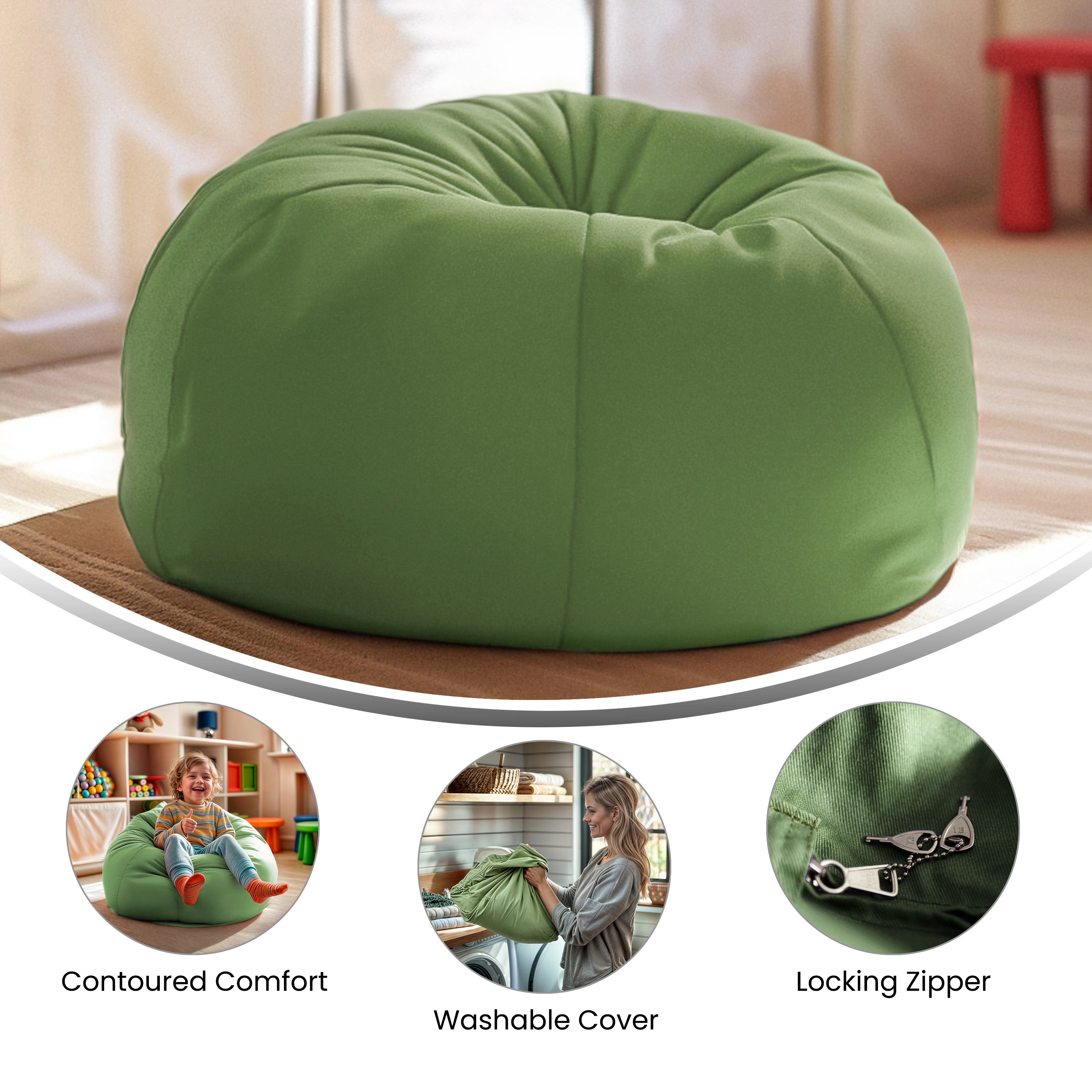 Dillon Small Solid Green Refillable Bean Bag Chair for Kids and Teens