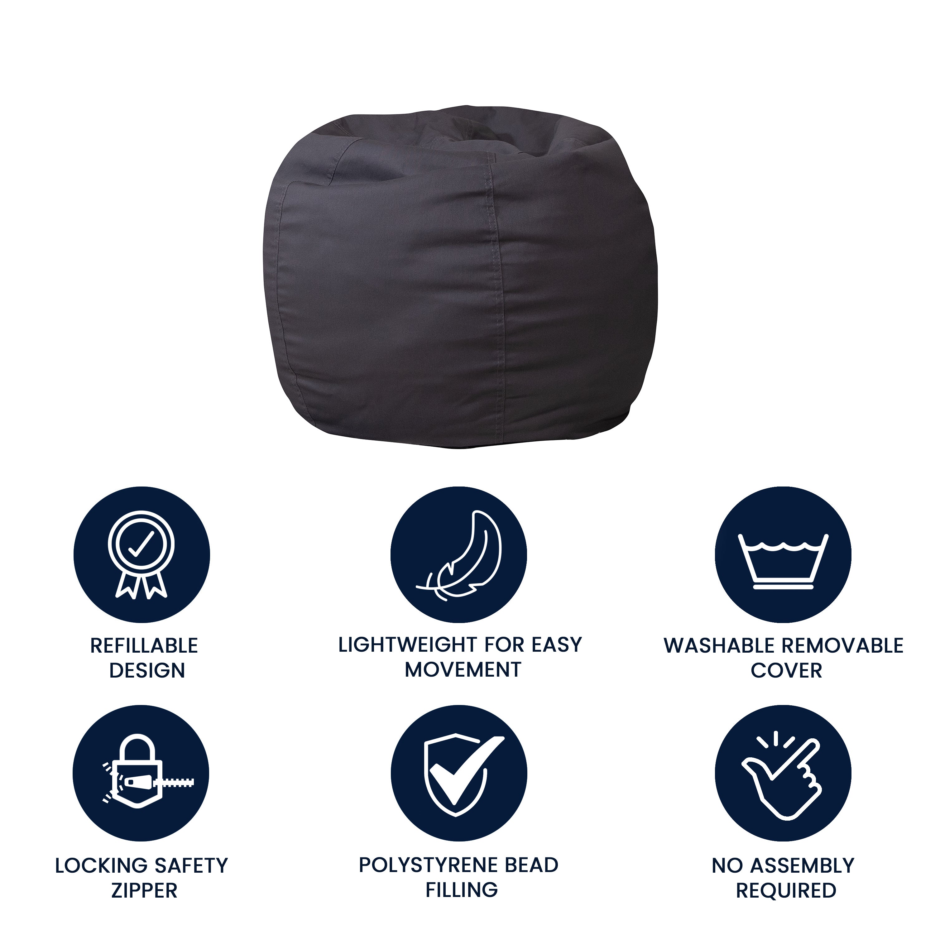 Dillon Small Solid Gray Refillable Bean Bag Chair for Kids and Teens