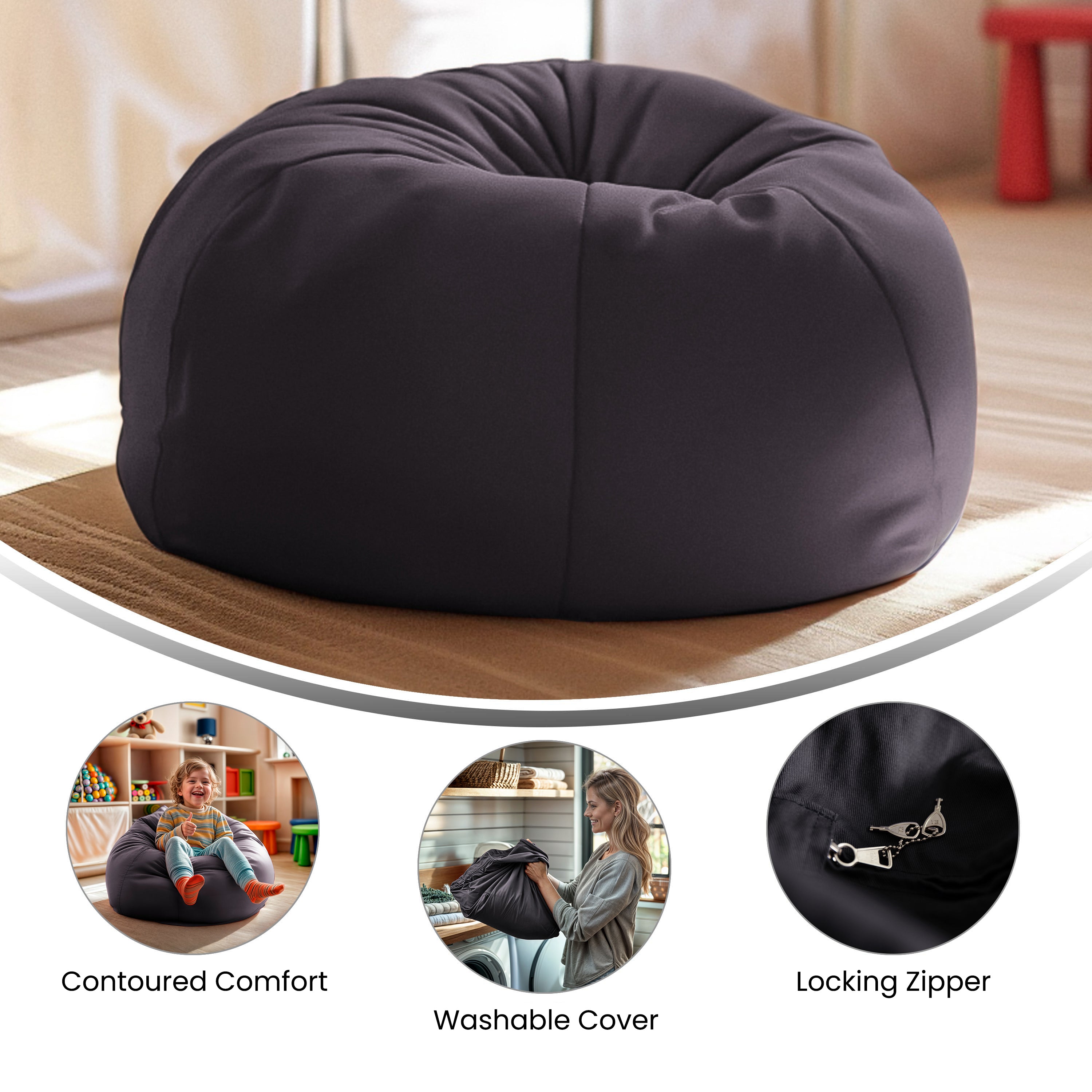Dillon Small Solid Gray Refillable Bean Bag Chair for Kids and Teens
