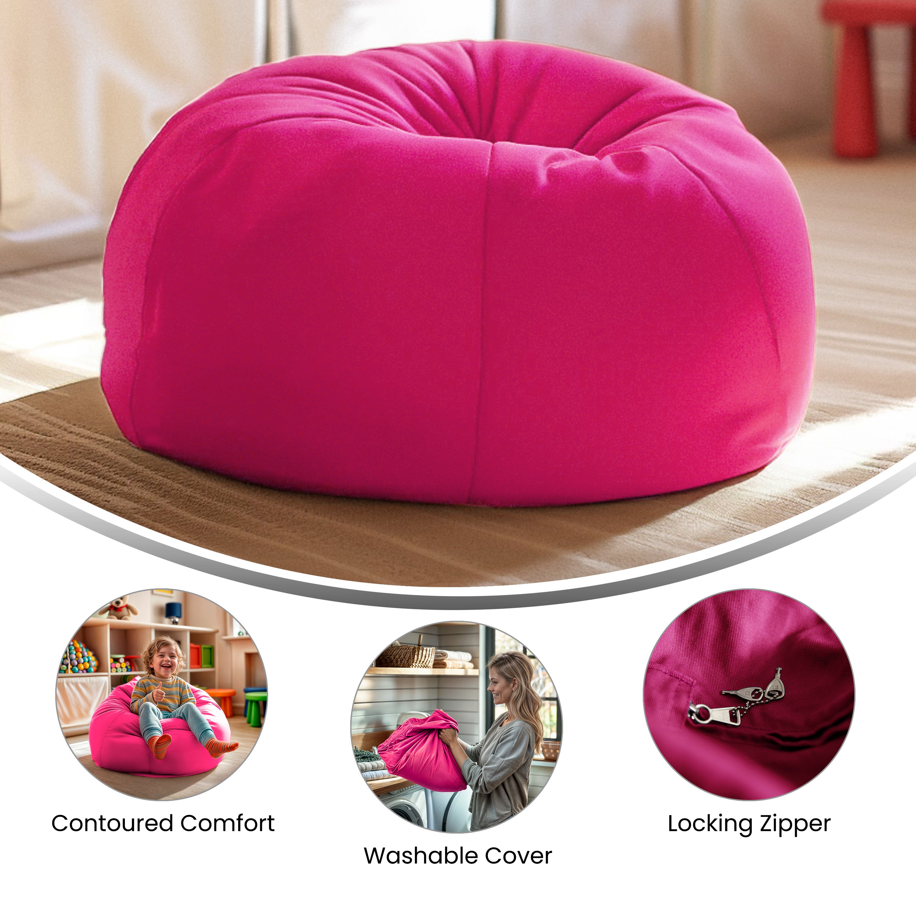 Dillon Small Solid Hot Pink Refillable Bean Bag Chair for Kids and Teens