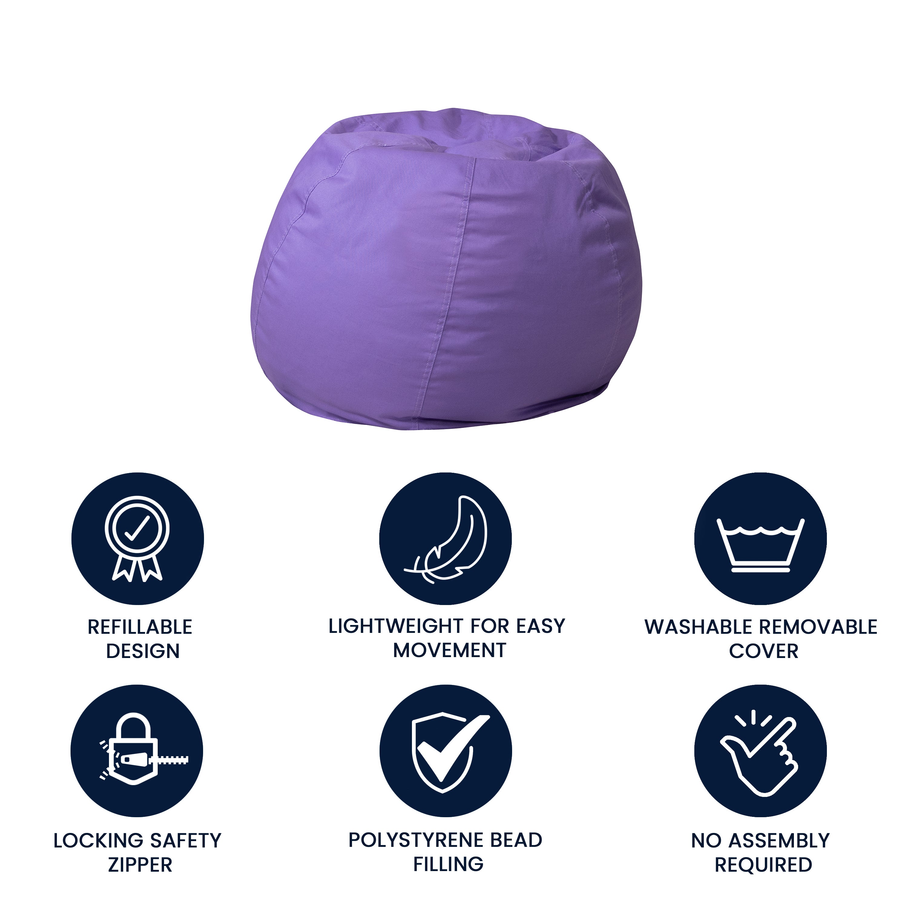 Dillon Small Solid Purple Refillable Bean Bag Chair for Kids and Teens