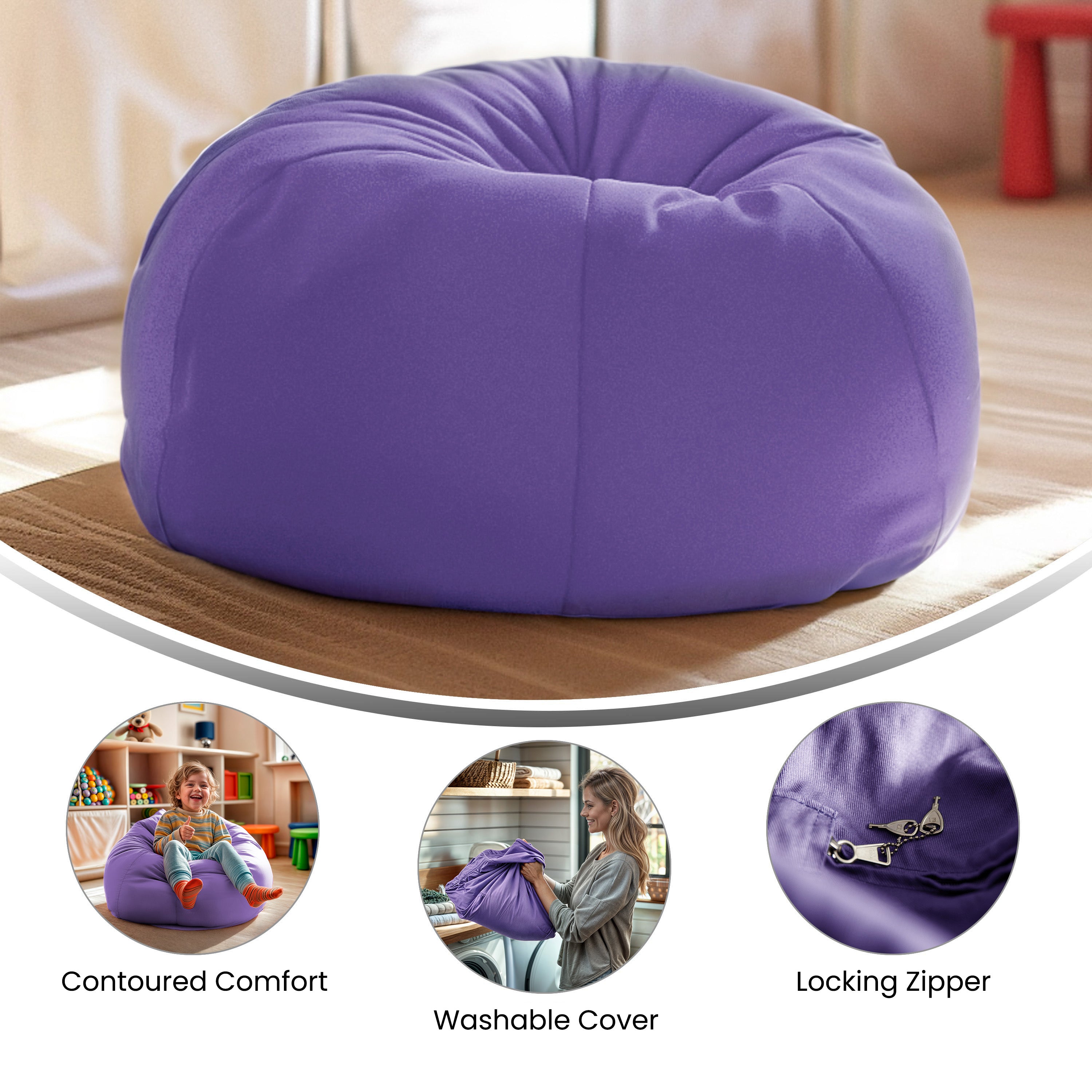 Dillon Small Solid Purple Refillable Bean Bag Chair for Kids and Teens