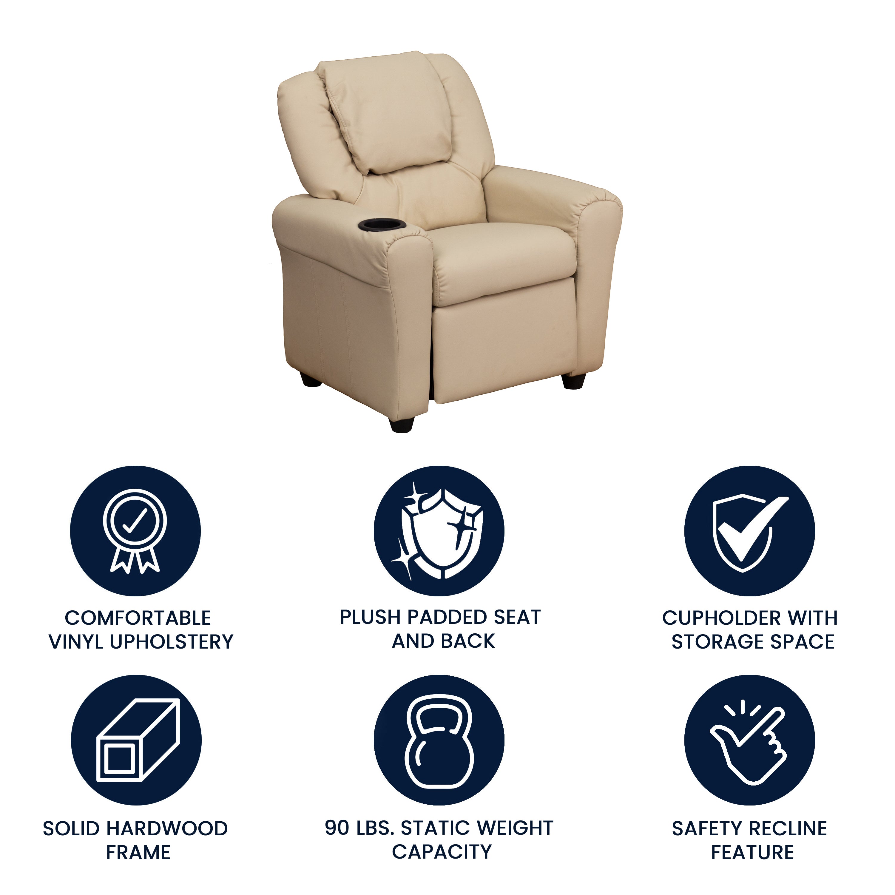 Vana Contemporary Beige Vinyl Kids Recliner with Cup Holder and Headrest