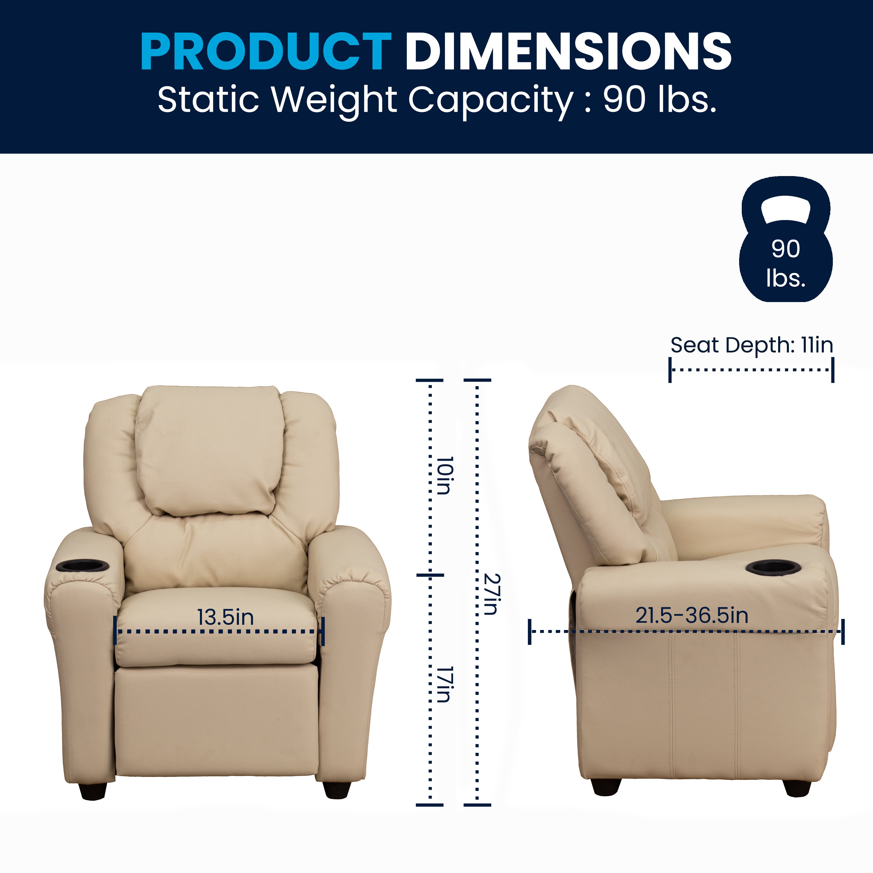 Vana Contemporary Beige Vinyl Kids Recliner with Cup Holder and Headrest