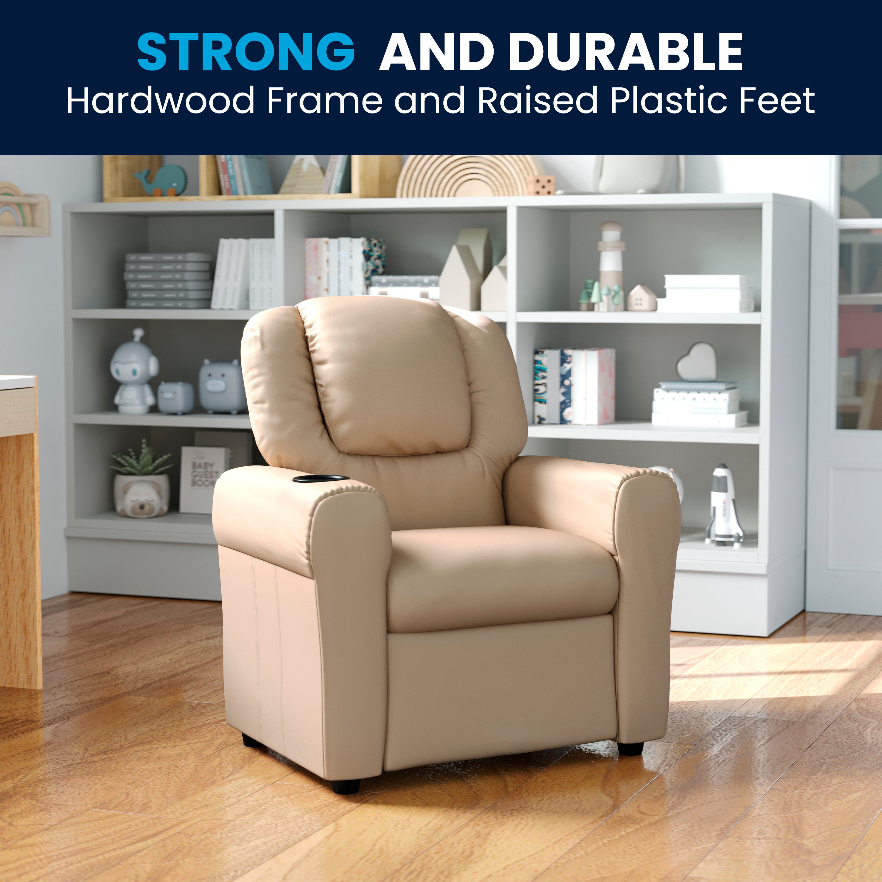 Vana Contemporary Beige Vinyl Kids Recliner with Cup Holder and Headrest