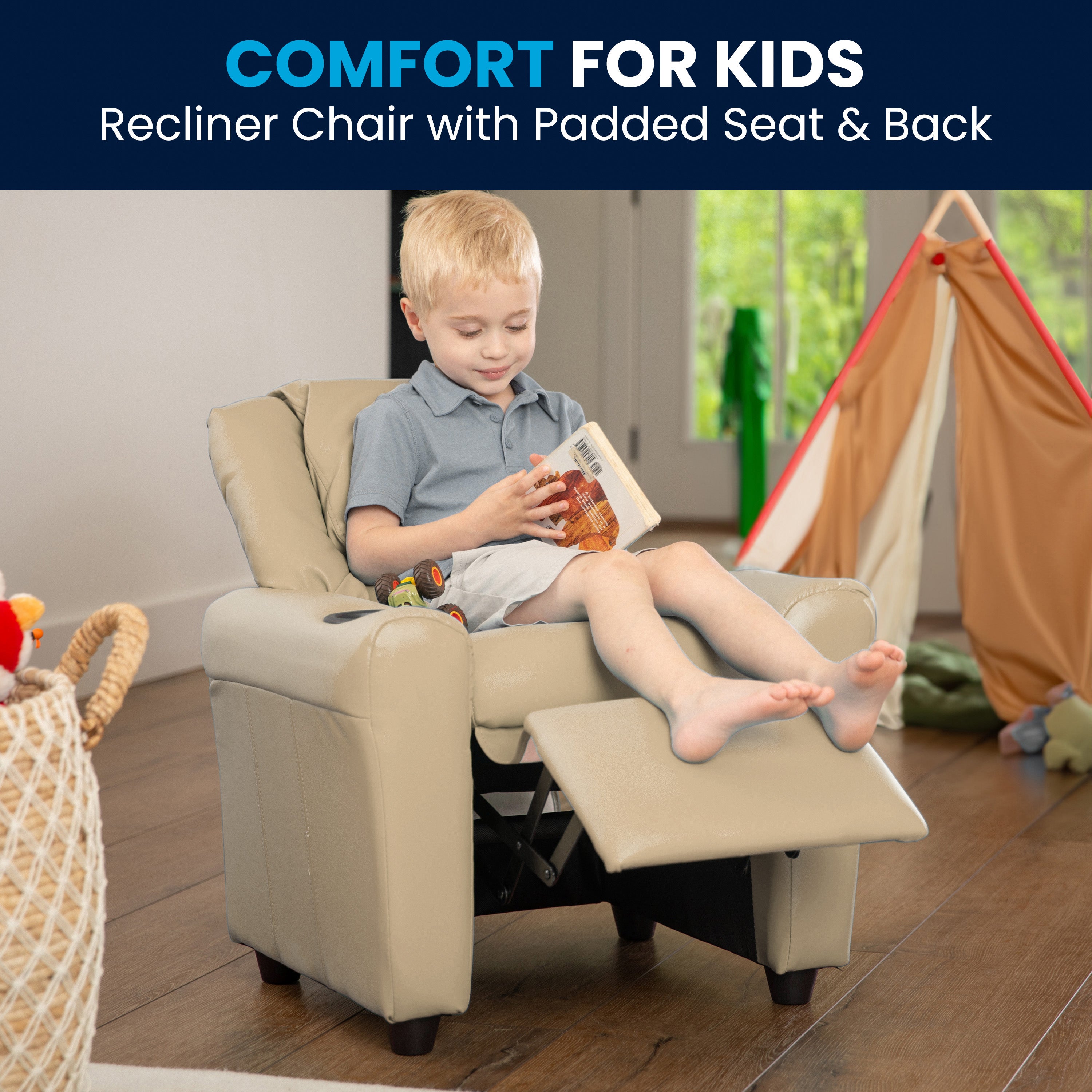 Vana Contemporary Beige Vinyl Kids Recliner with Cup Holder and Headrest