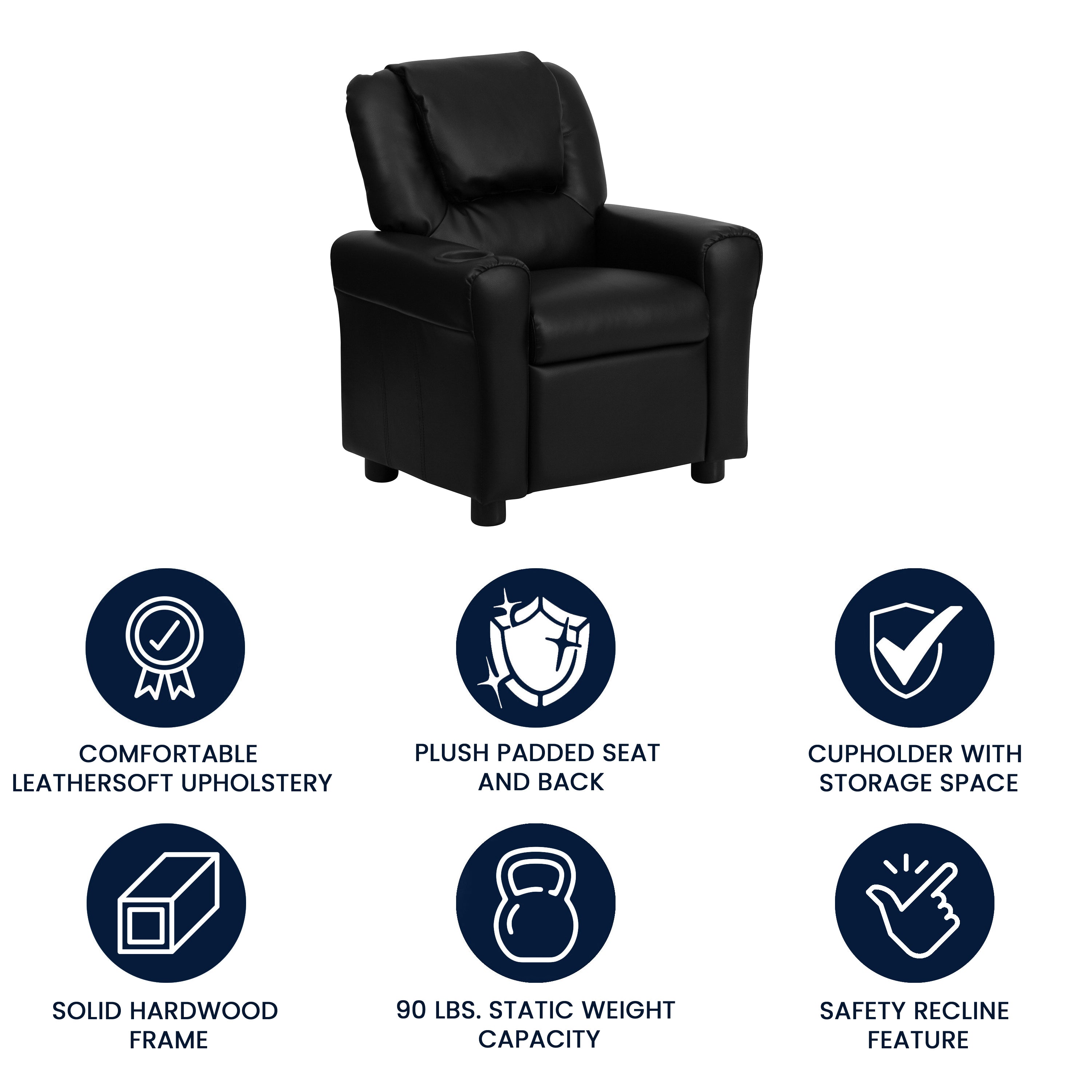 Vana Contemporary Black LeatherSoft Kids Recliner with Cup Holder and Headrest