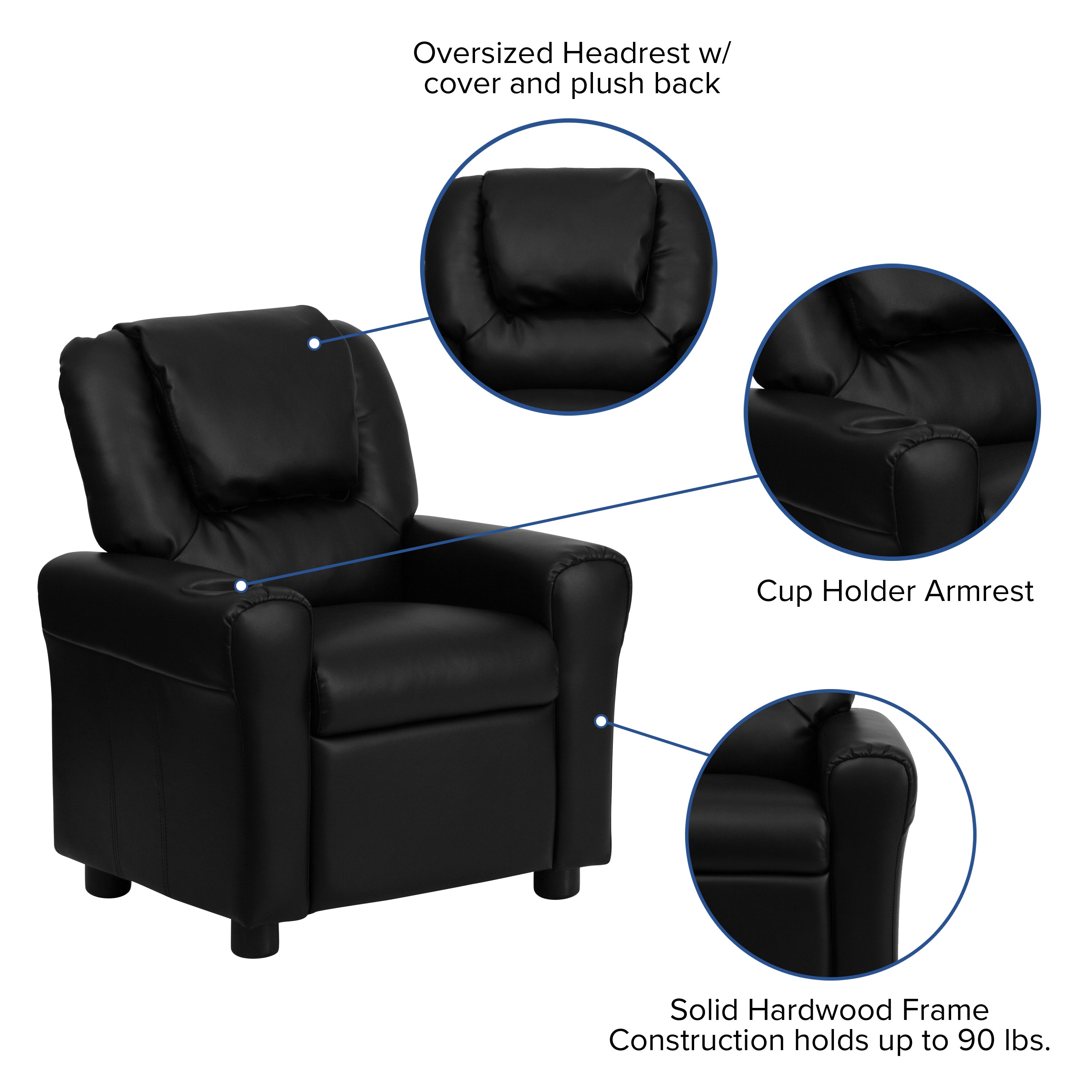 Vana Contemporary Black LeatherSoft Kids Recliner with Cup Holder and Headrest