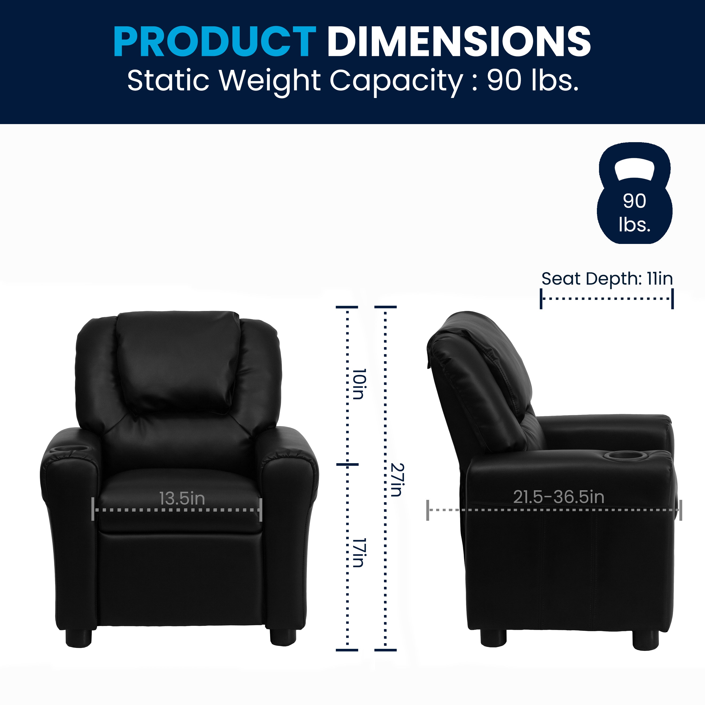 Vana Contemporary Black LeatherSoft Kids Recliner with Cup Holder and Headrest