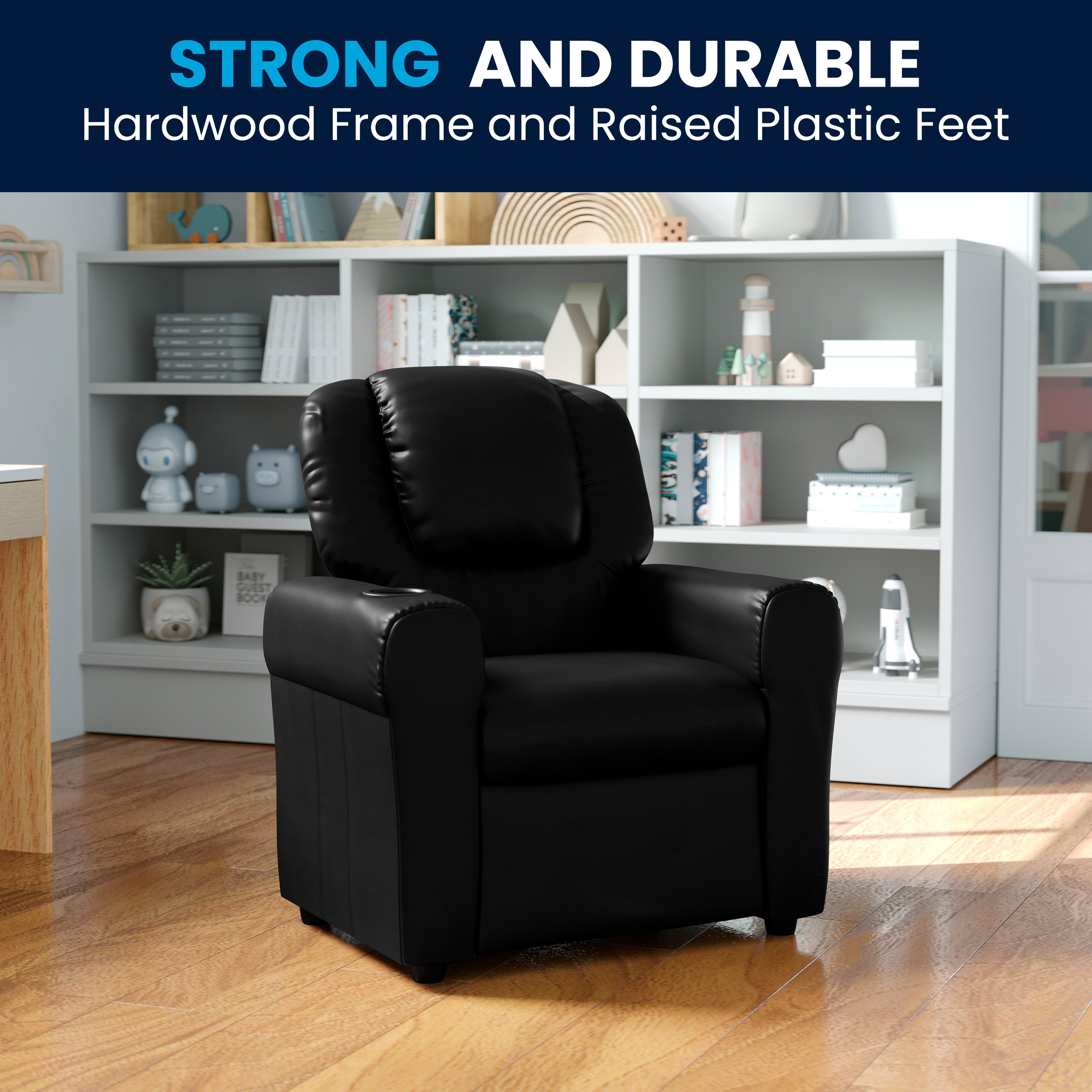 Vana Contemporary Black LeatherSoft Kids Recliner with Cup Holder and Headrest