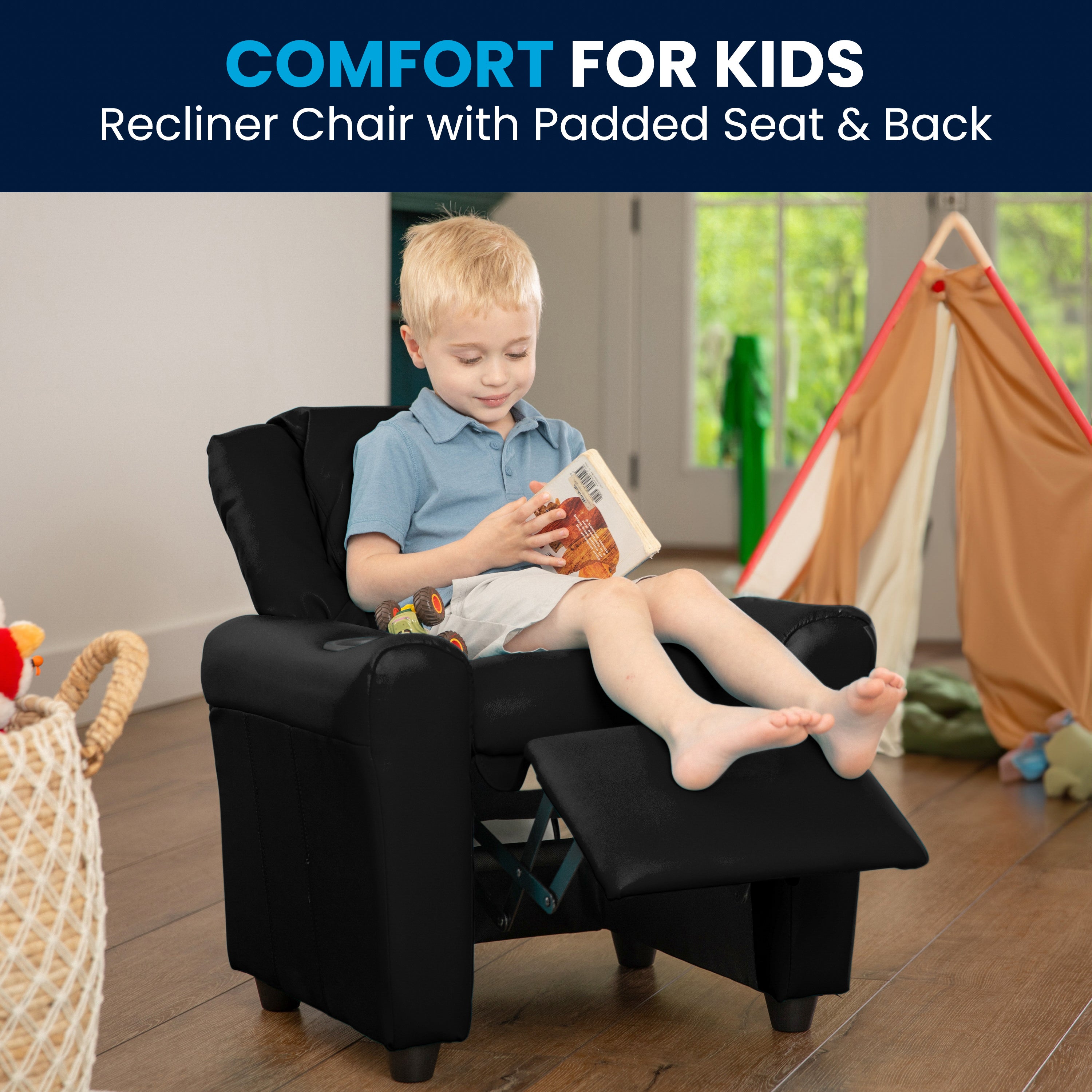Vana Contemporary Black LeatherSoft Kids Recliner with Cup Holder and Headrest