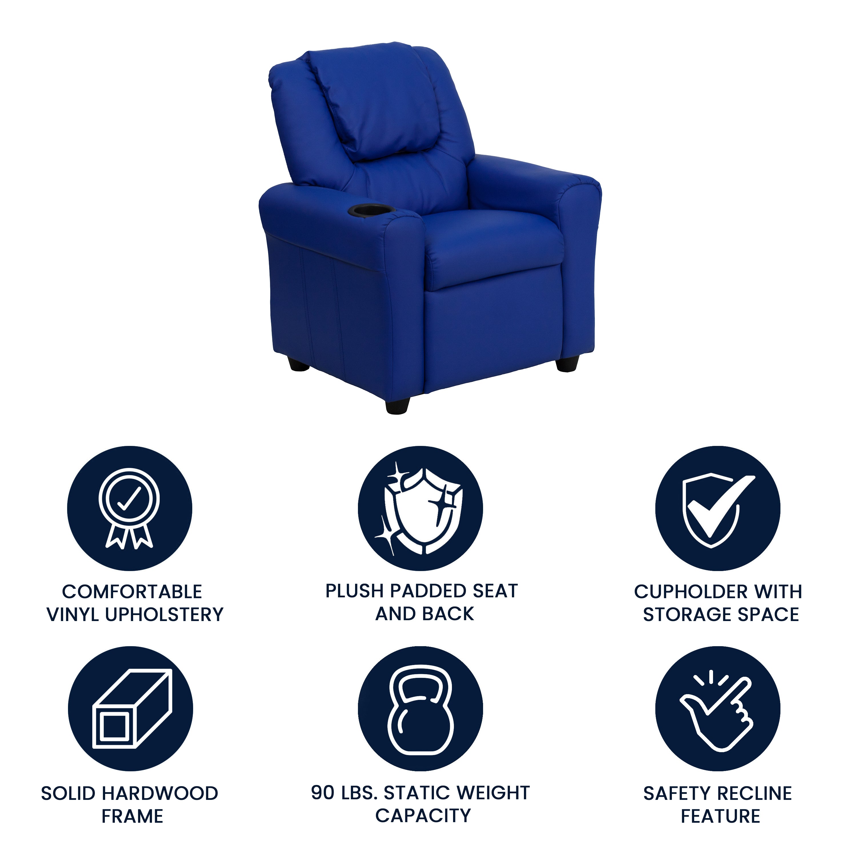 Vana Contemporary Blue Vinyl Kids Recliner with Cup Holder and Headrest