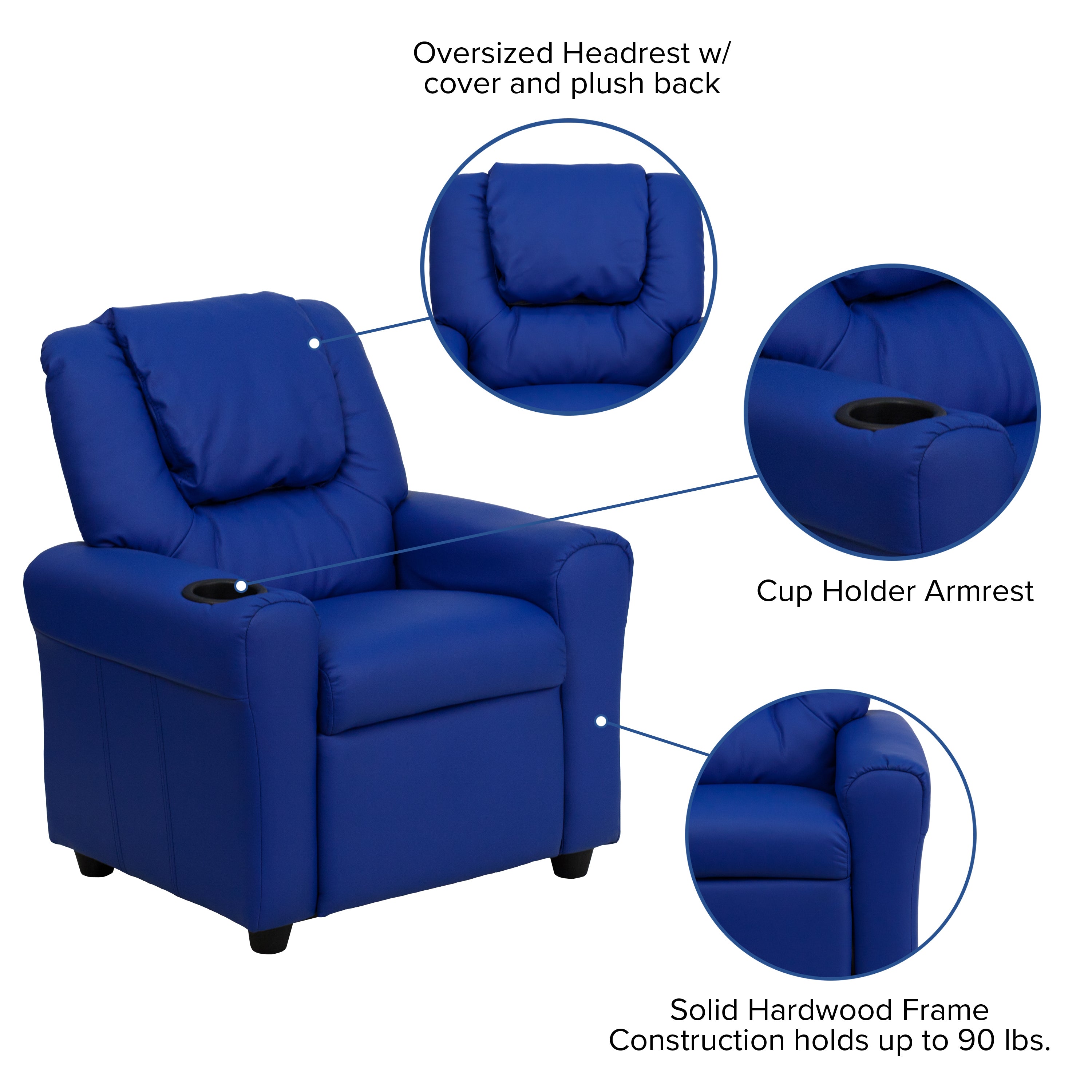 Vana Contemporary Blue Vinyl Kids Recliner with Cup Holder and Headrest