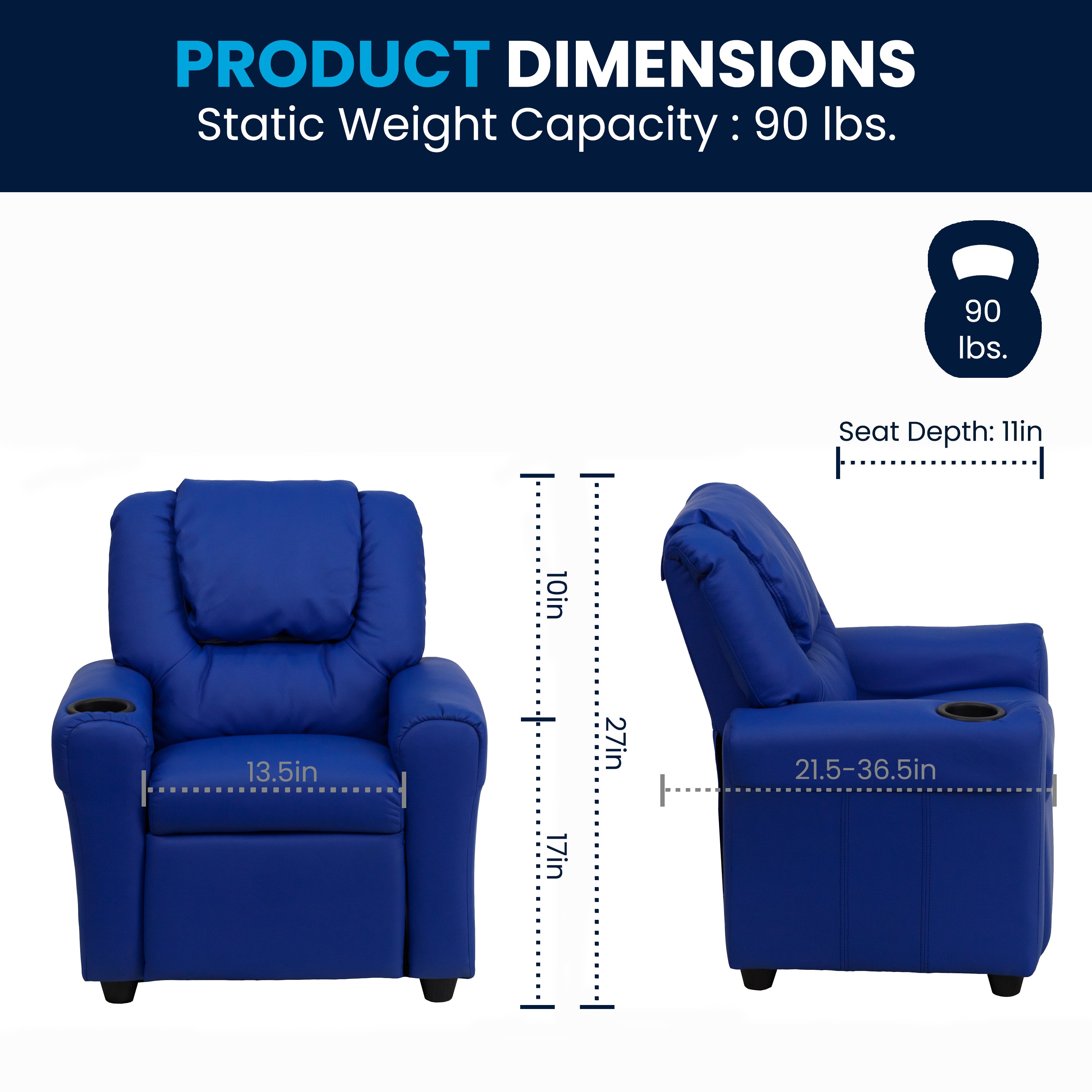 Vana Contemporary Blue Vinyl Kids Recliner with Cup Holder and Headrest