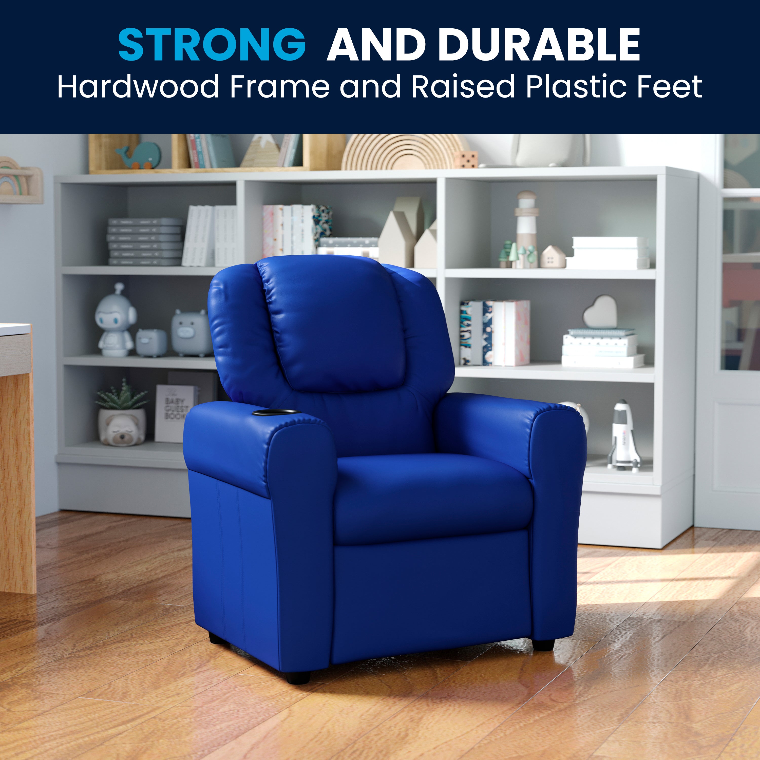 Vana Contemporary Blue Vinyl Kids Recliner with Cup Holder and Headrest