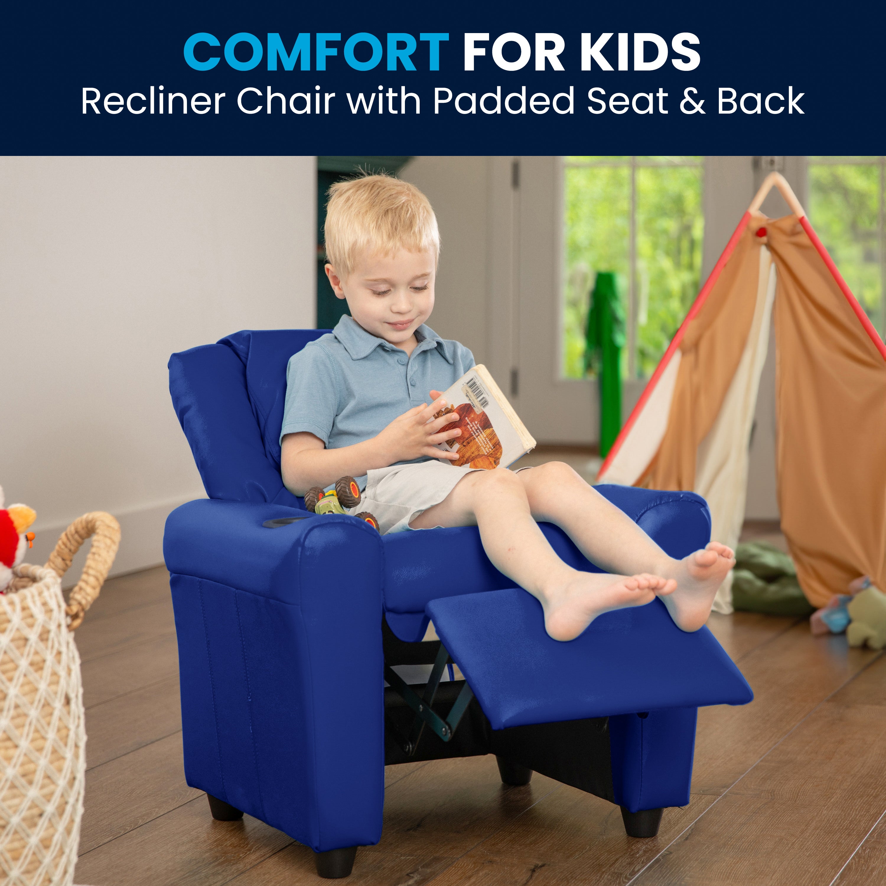 Vana Contemporary Blue Vinyl Kids Recliner with Cup Holder and Headrest