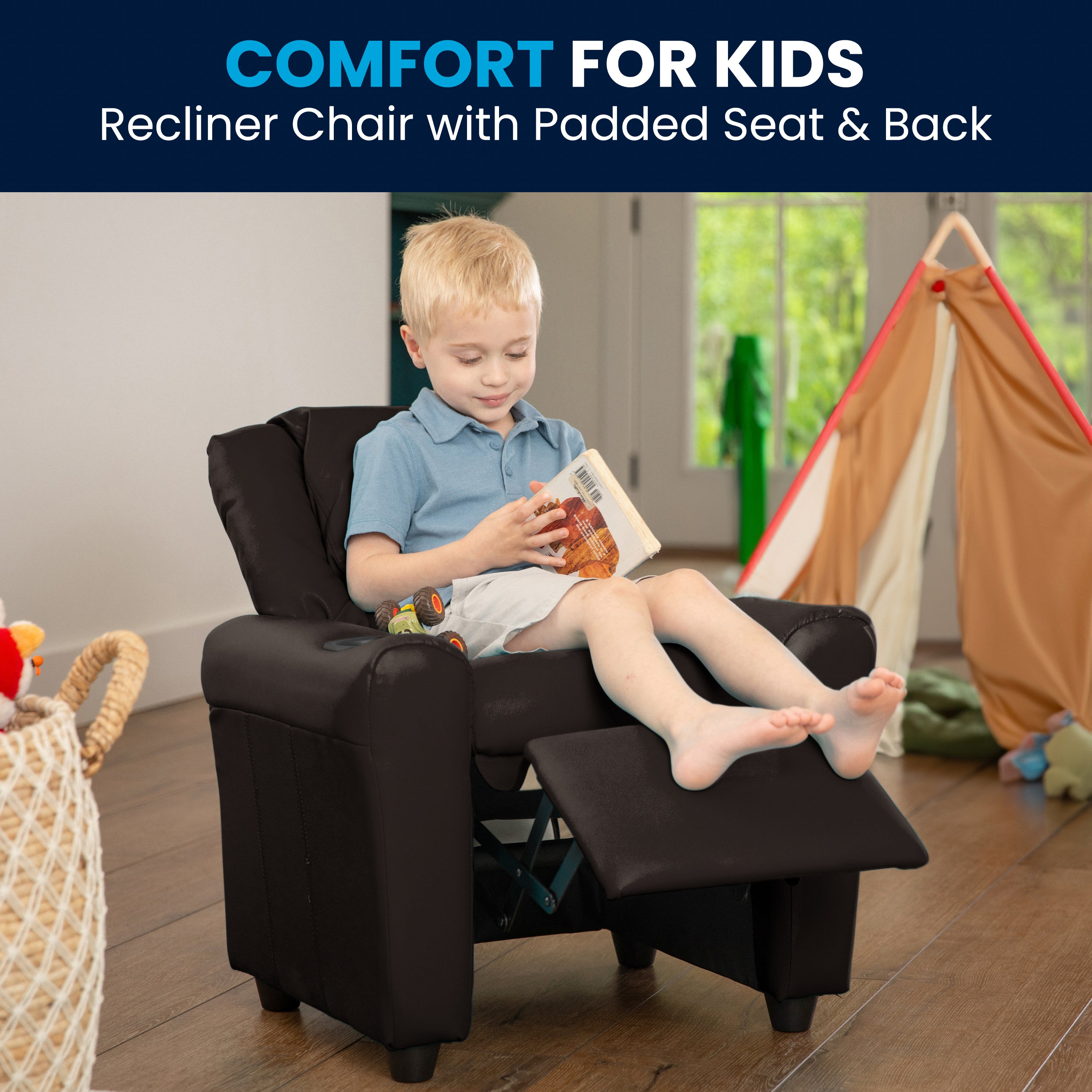 Vana Contemporary Brown LeatherSoft Kids Recliner with Cup Holder and Headrest