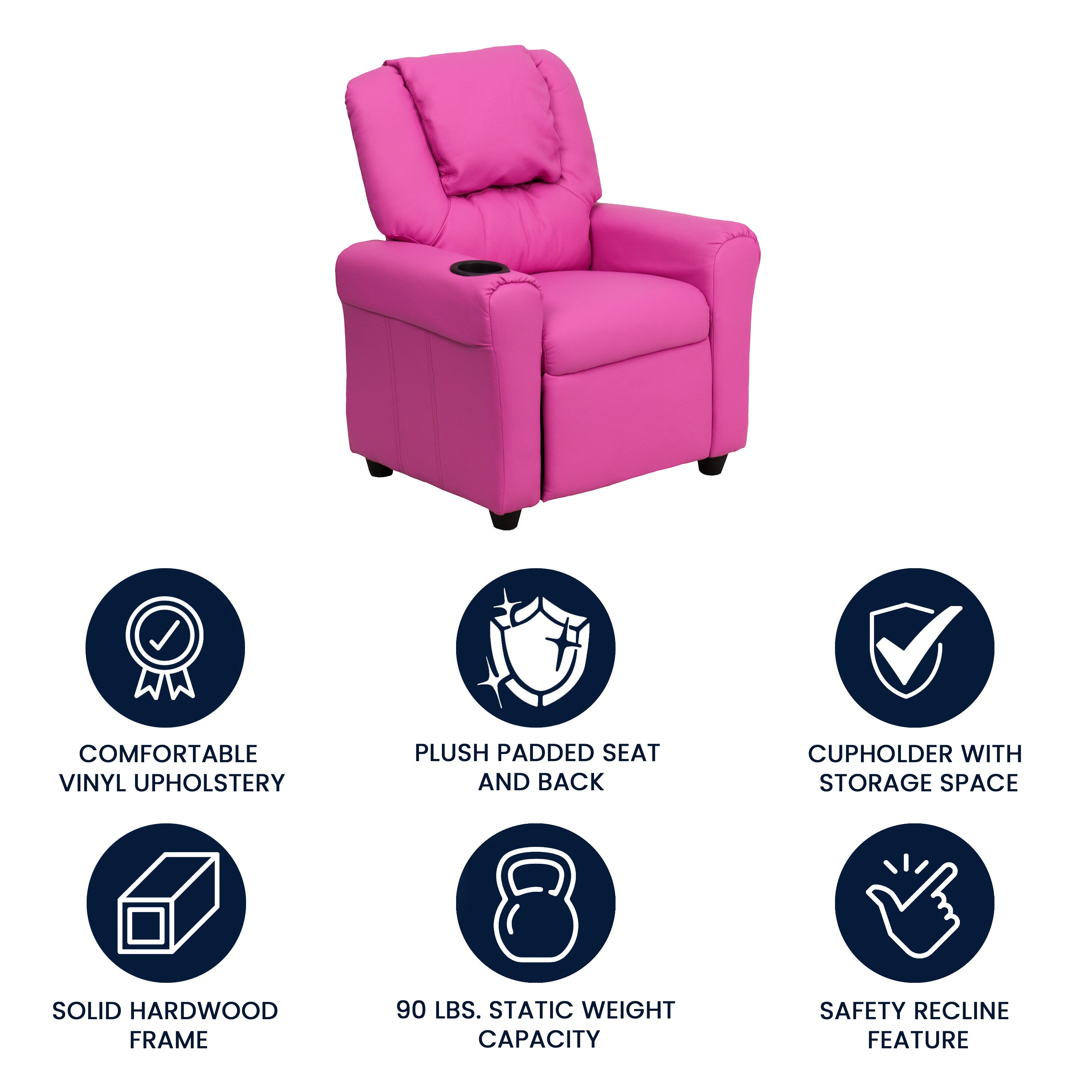 Vana Contemporary Hot Pink Vinyl Kids Recliner with Cup Holder and Headrest