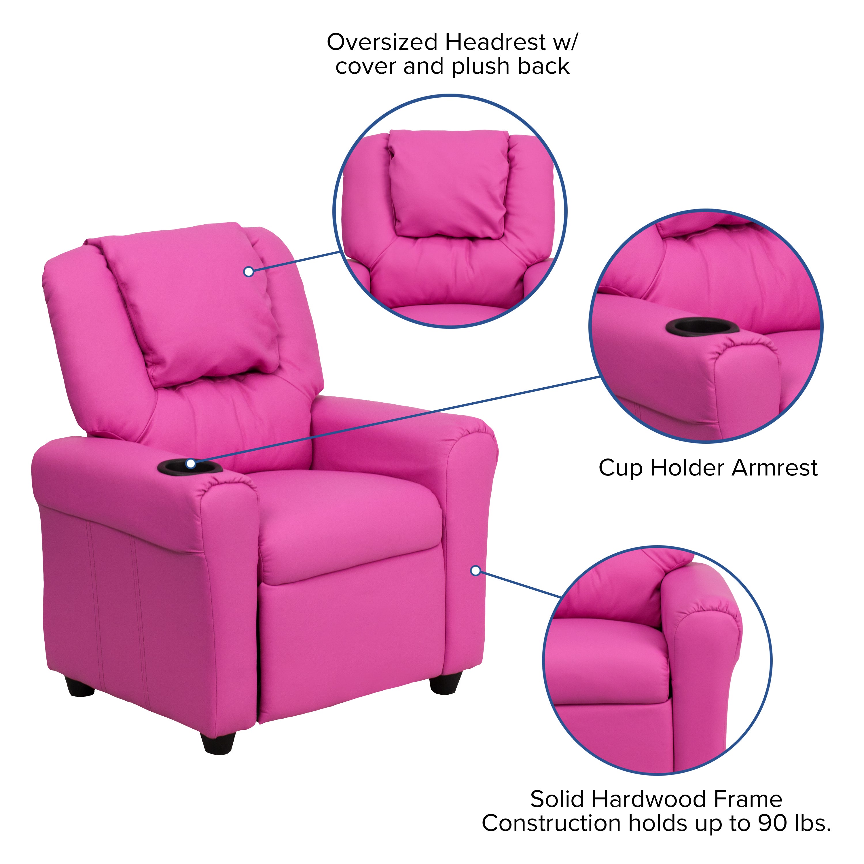 Vana Contemporary Hot Pink Vinyl Kids Recliner with Cup Holder and Headrest