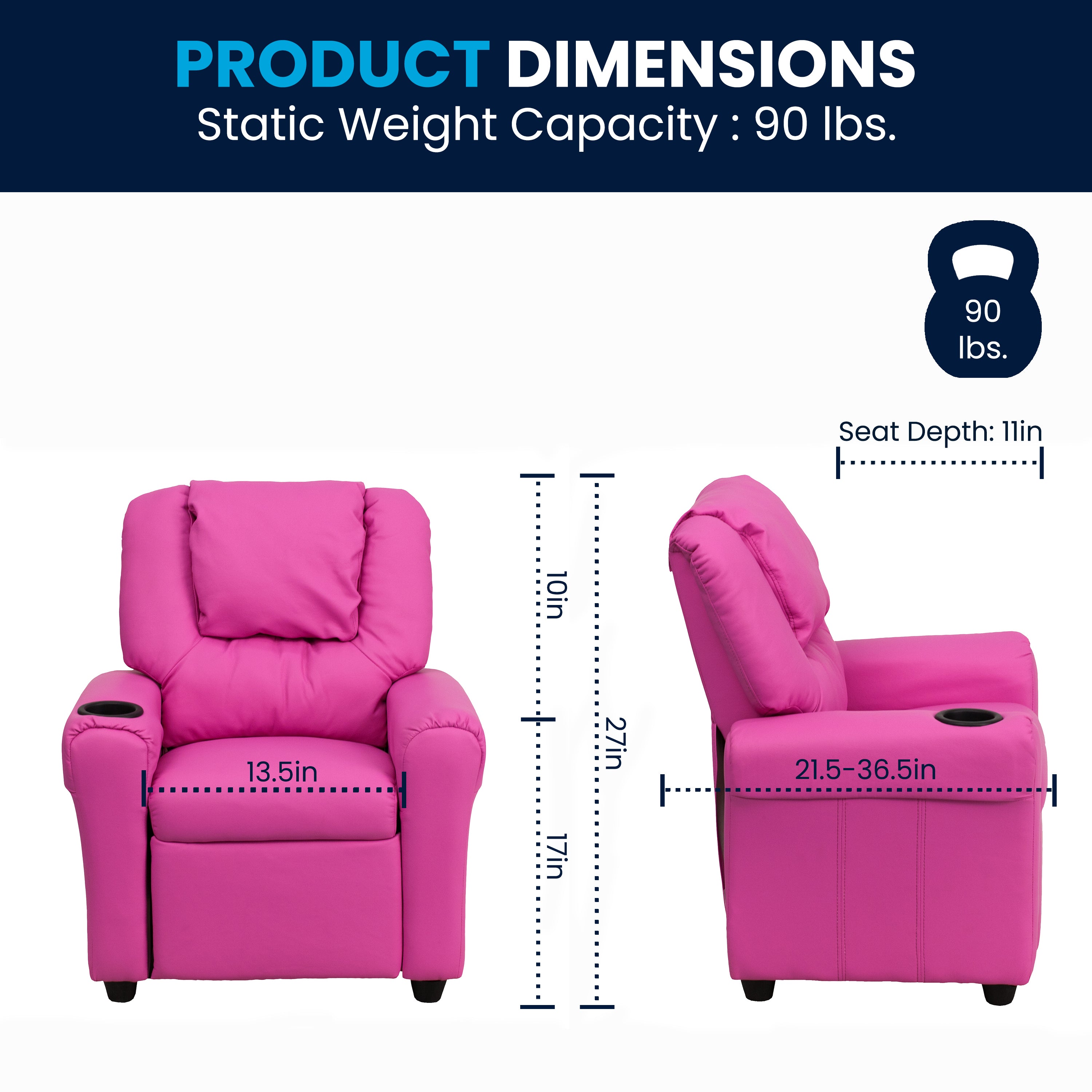 Vana Contemporary Hot Pink Vinyl Kids Recliner with Cup Holder and Headrest