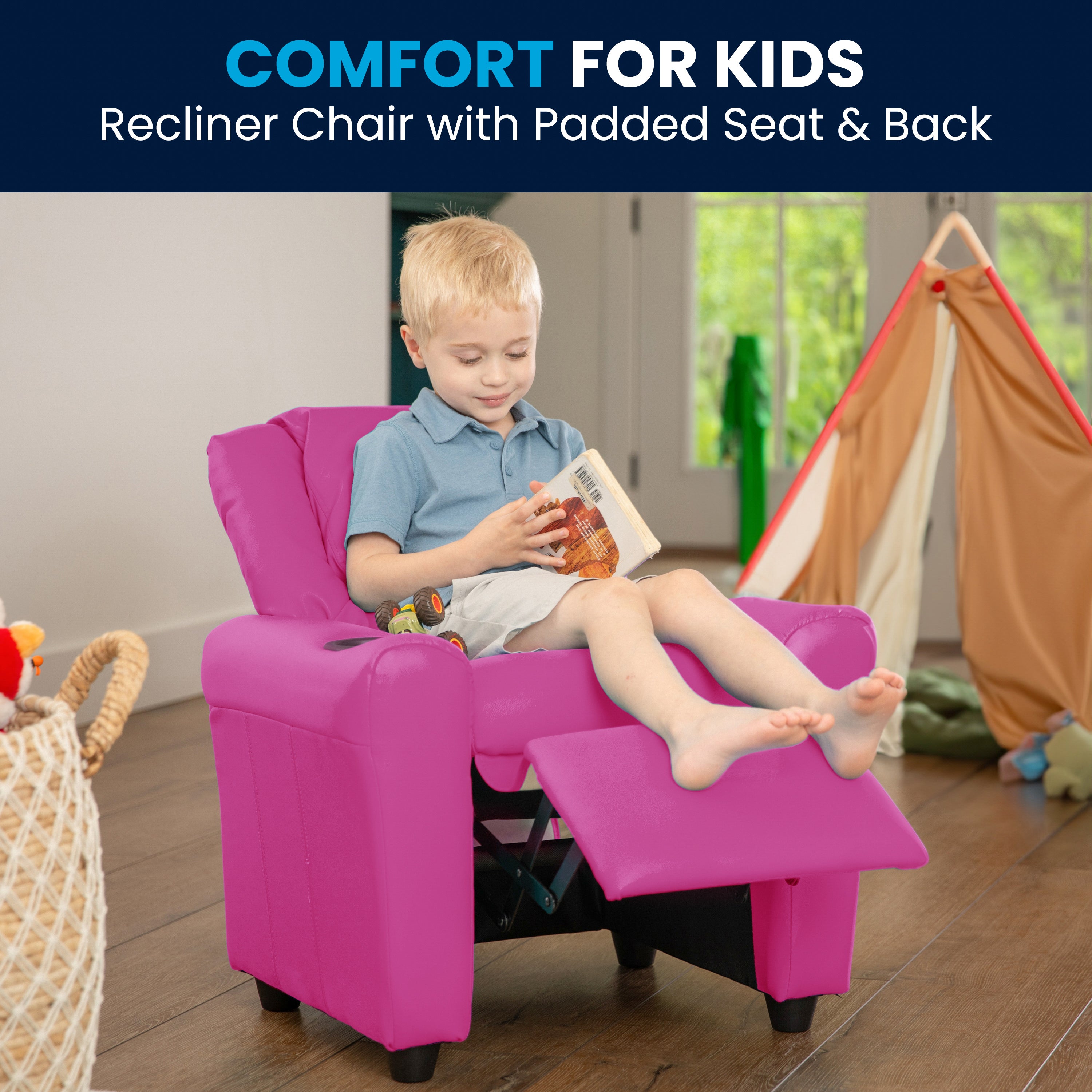 Vana Contemporary Hot Pink Vinyl Kids Recliner with Cup Holder and Headrest