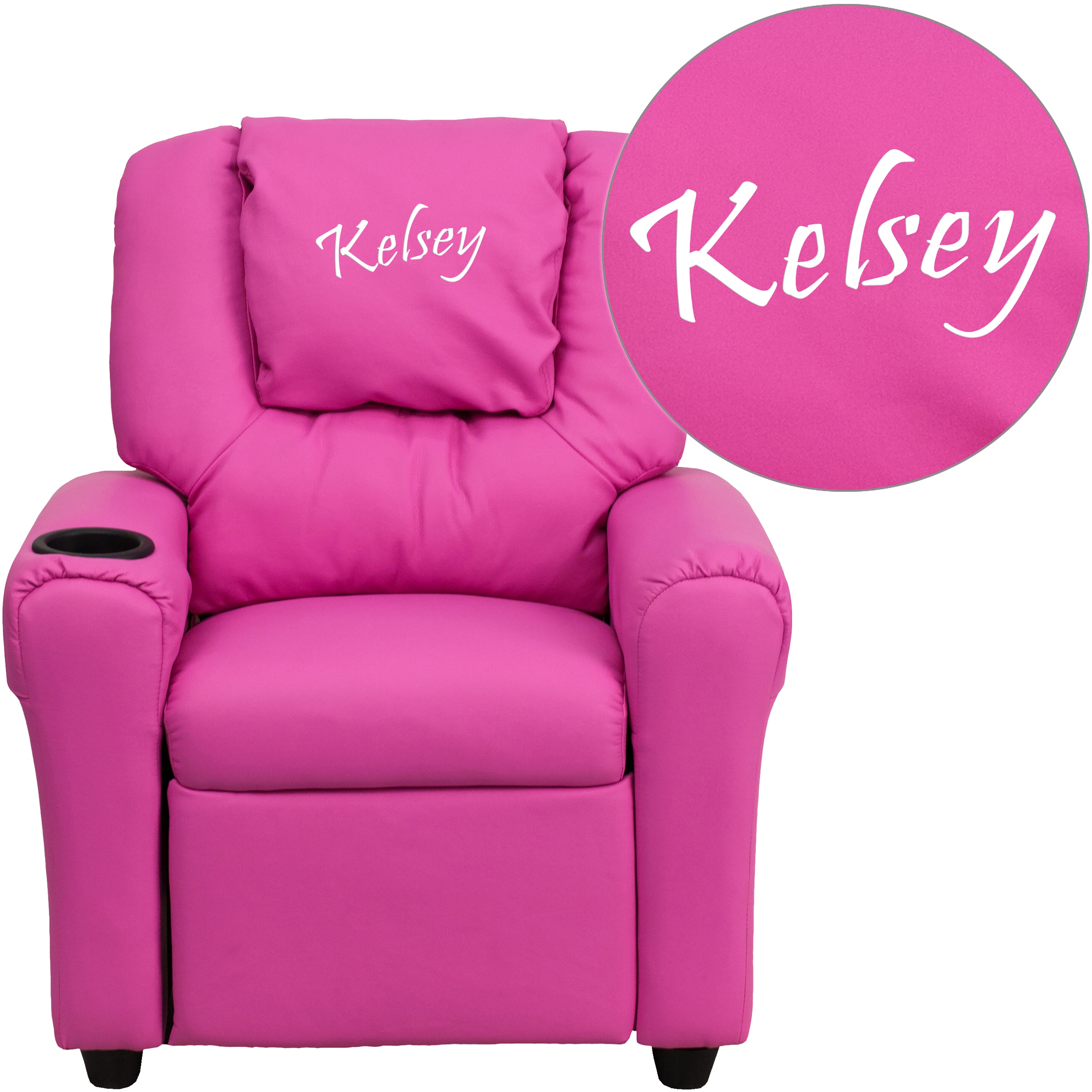 Personalized Hot Pink Vinyl Kids Recliner with Cup Holder and Headrest