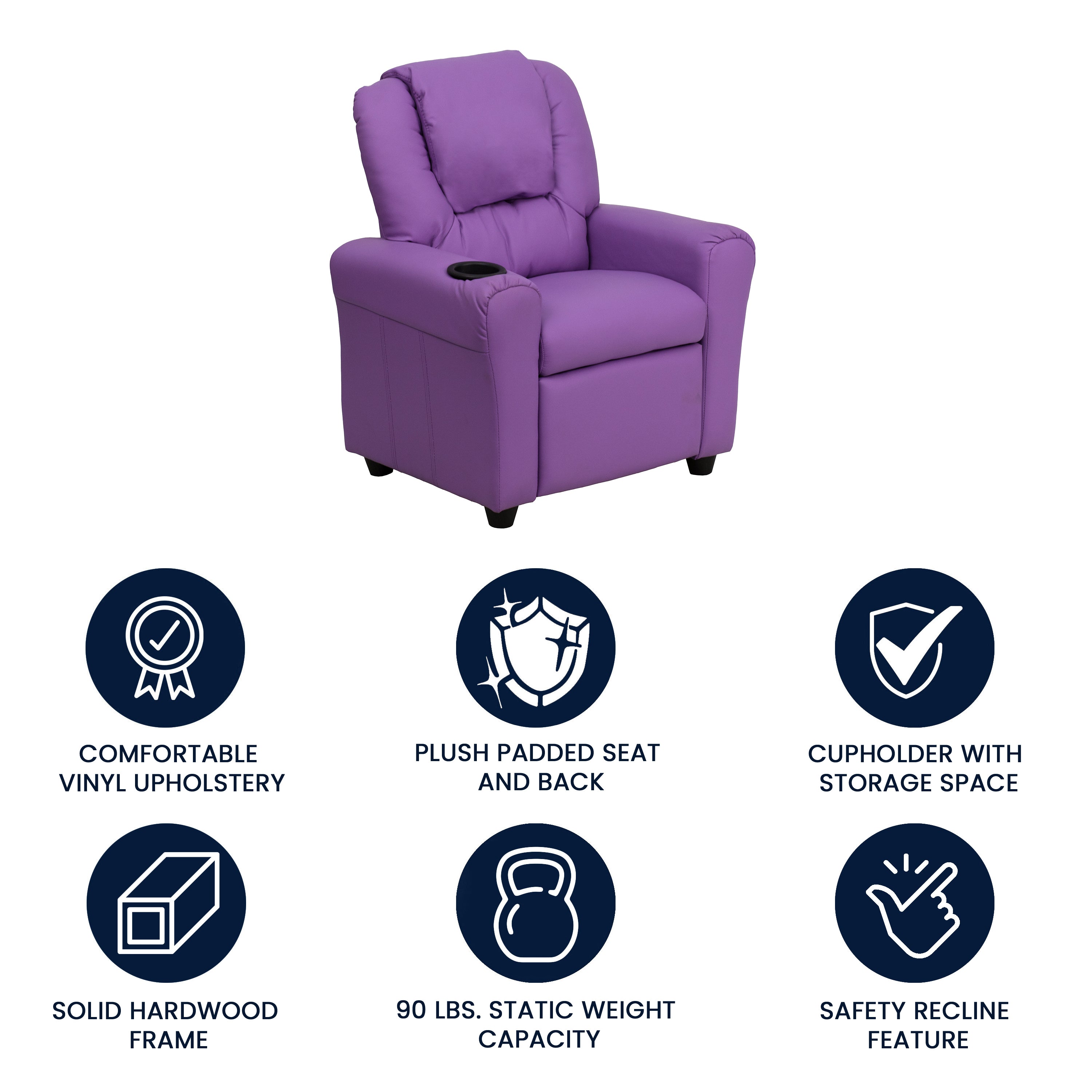 Vana Contemporary Lavender Vinyl Kids Recliner with Cup Holder and Headrest