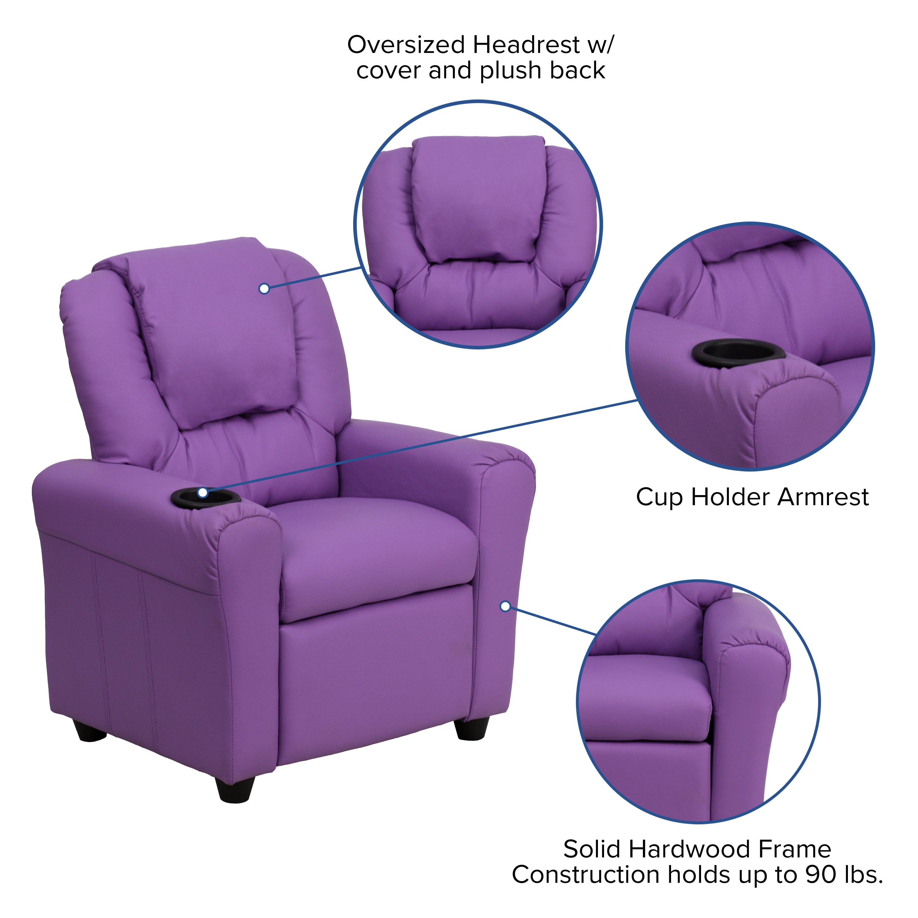 Vana Contemporary Lavender Vinyl Kids Recliner with Cup Holder and Headrest