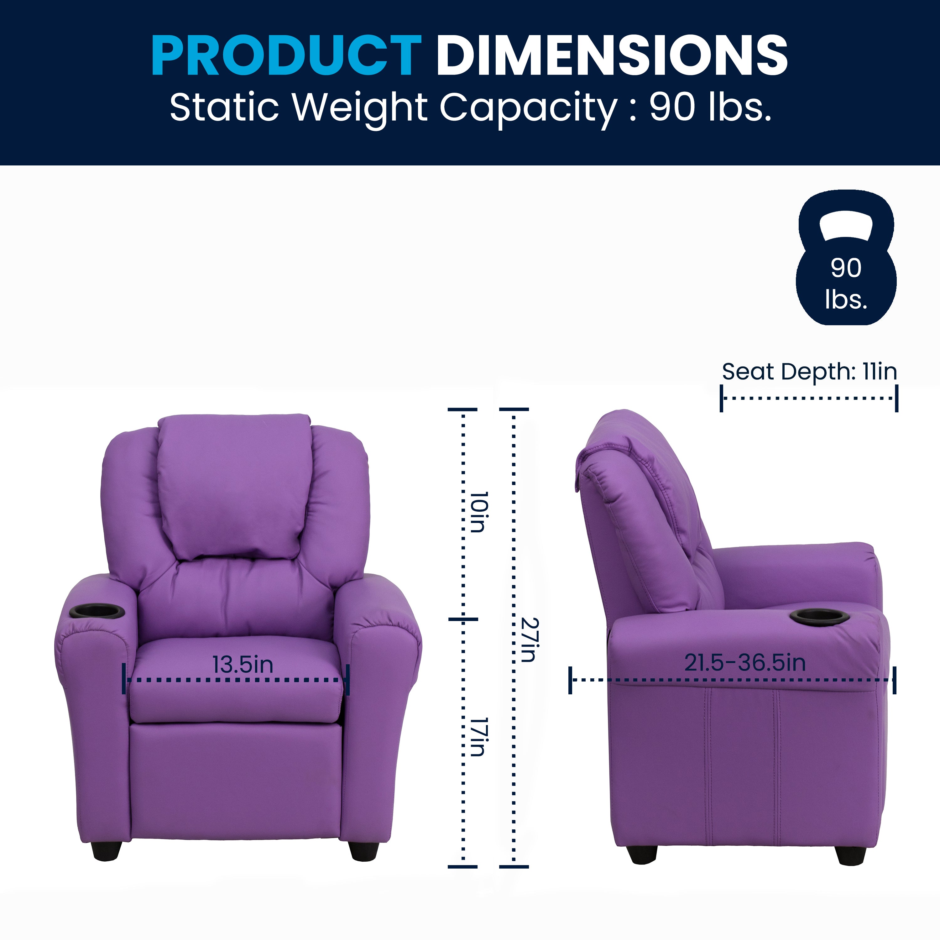 Vana Contemporary Lavender Vinyl Kids Recliner with Cup Holder and Headrest