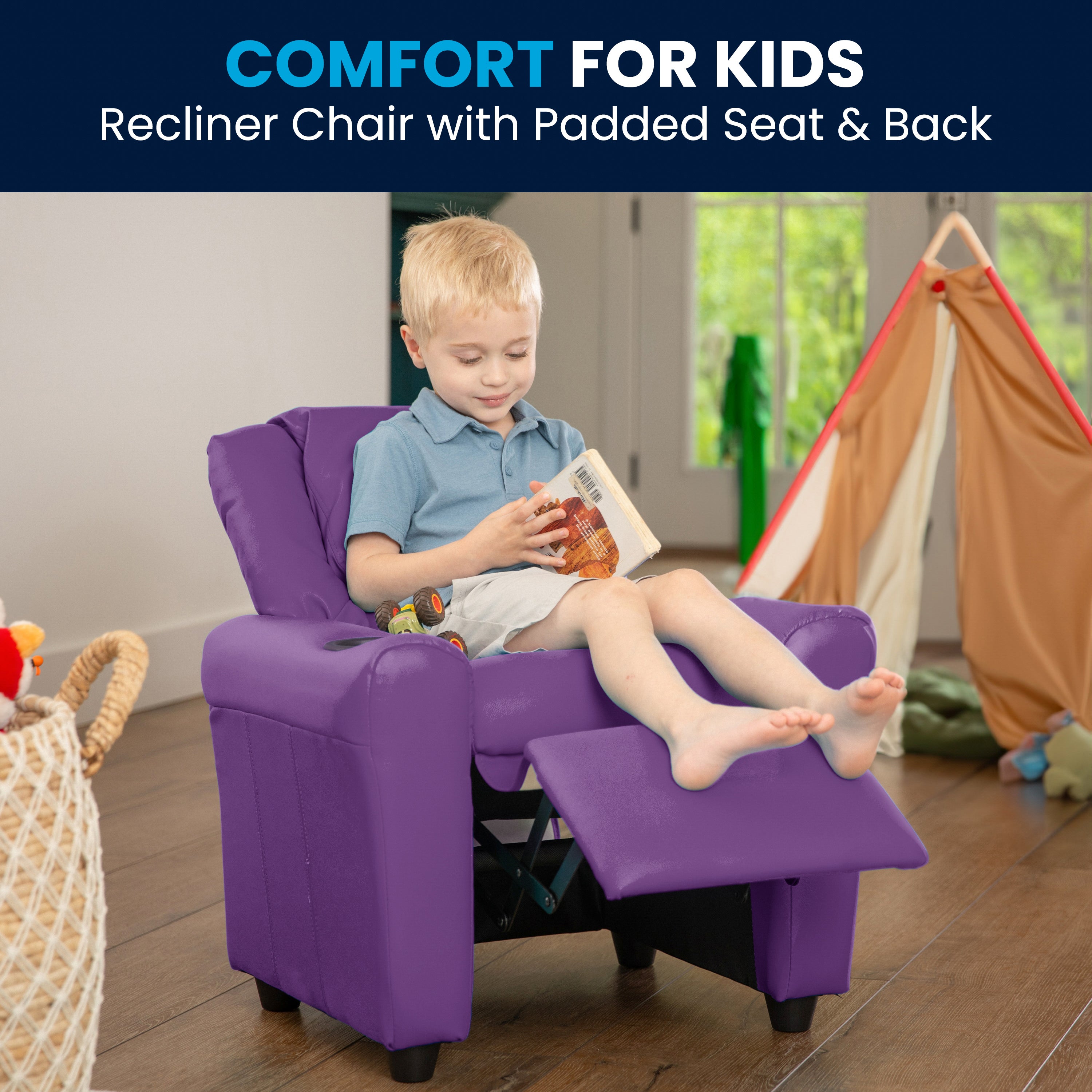 Vana Contemporary Lavender Vinyl Kids Recliner with Cup Holder and Headrest