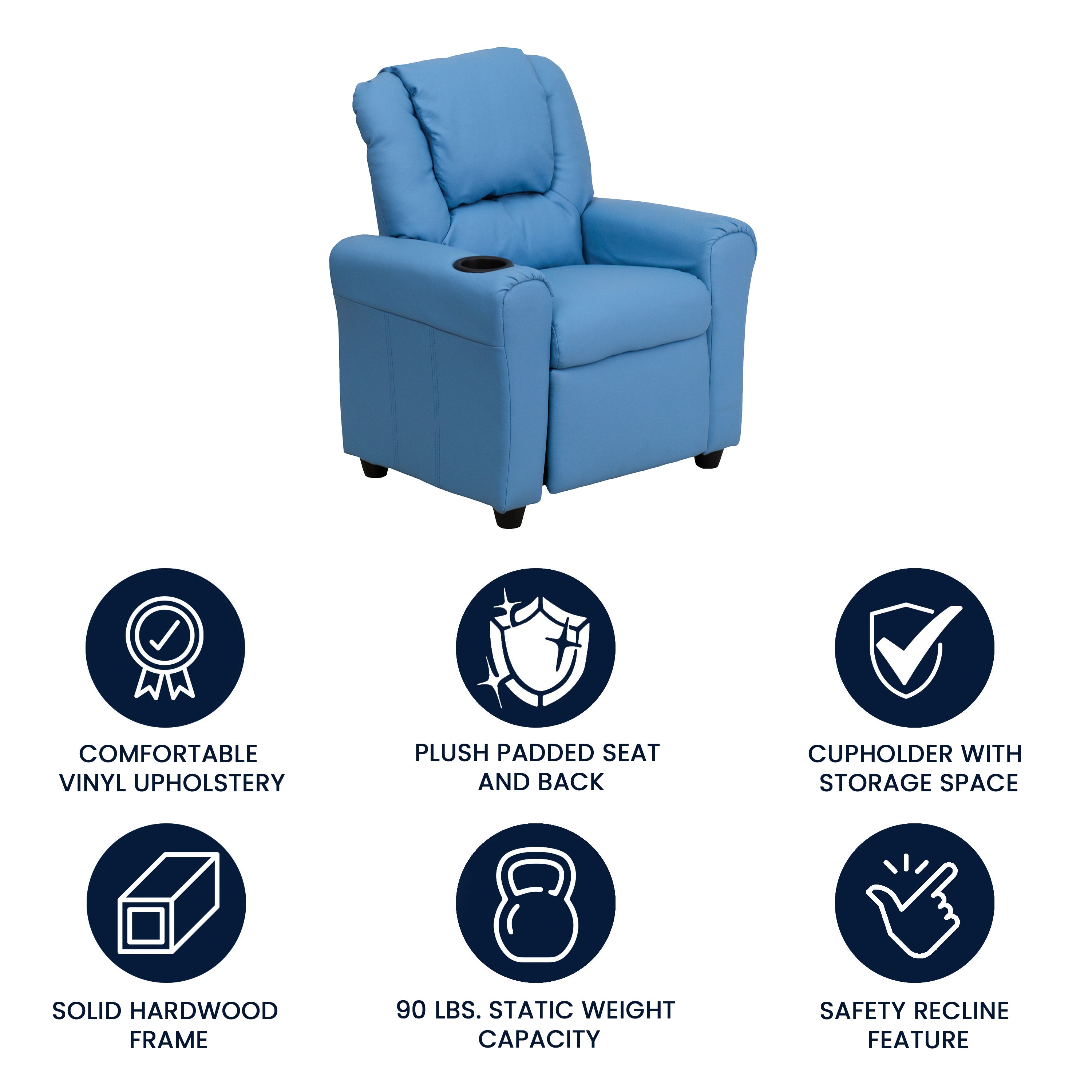 Vana Contemporary Light Blue Vinyl Kids Recliner with Cup Holder and Headrest
