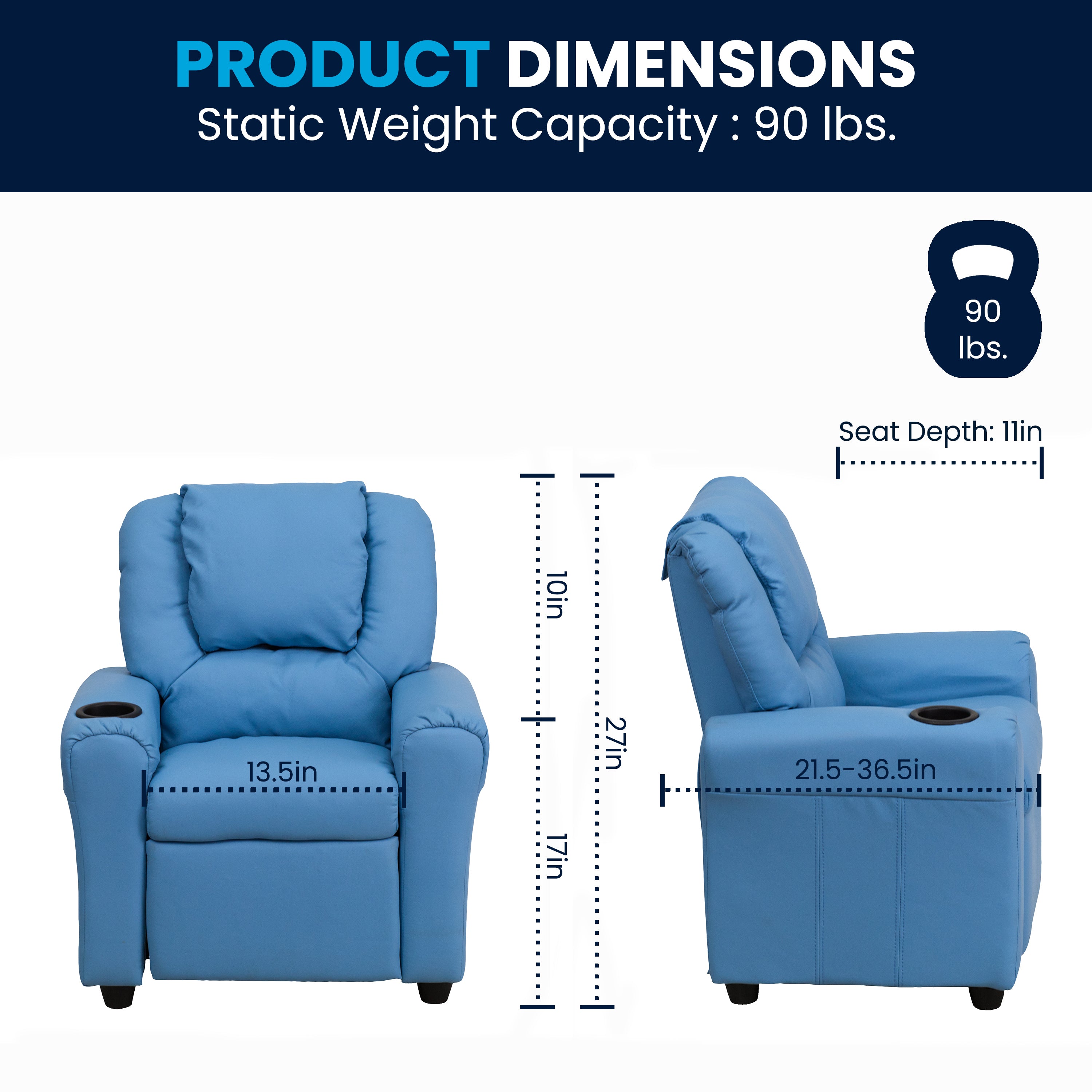 Vana Contemporary Light Blue Vinyl Kids Recliner with Cup Holder and Headrest