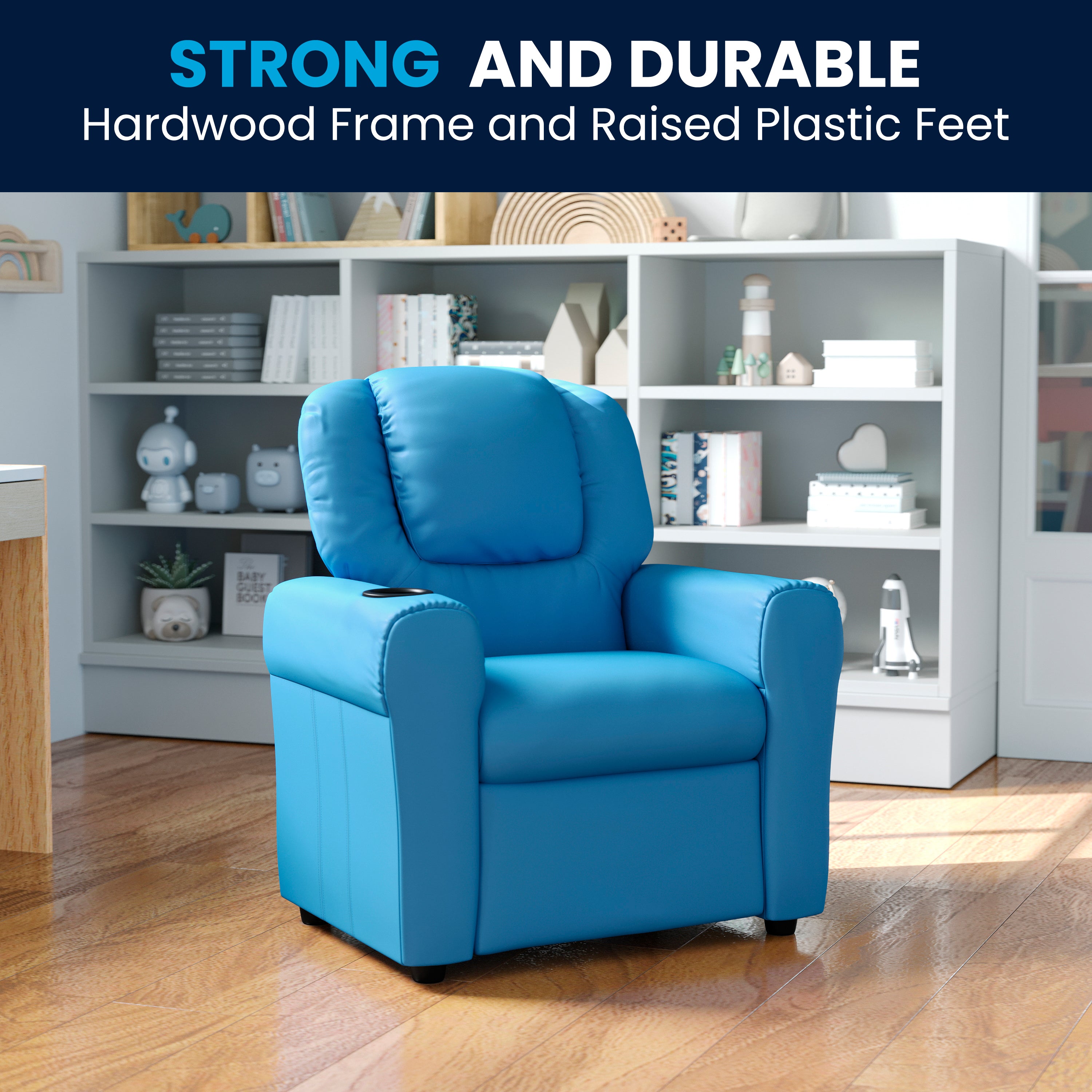 Vana Contemporary Light Blue Vinyl Kids Recliner with Cup Holder and Headrest
