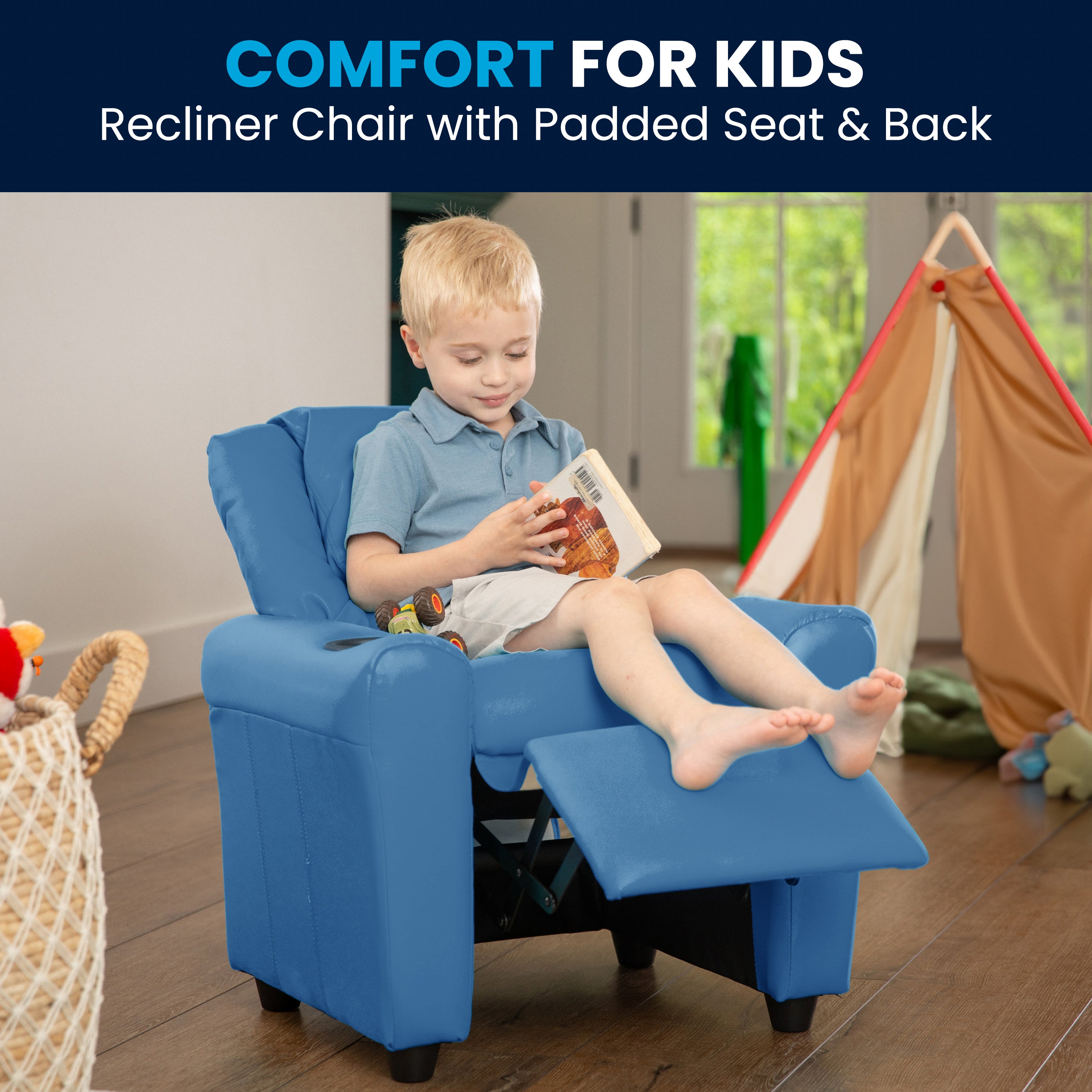 Vana Contemporary Light Blue Vinyl Kids Recliner with Cup Holder and Headrest
